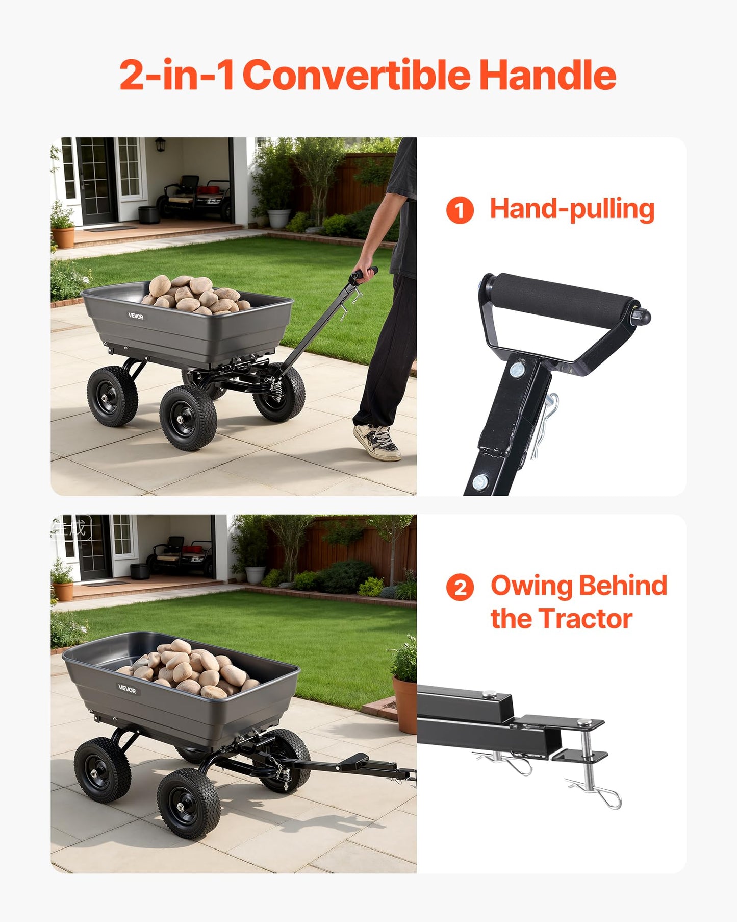 VEVOR 7 Cu.Ft 1200LBS Poly Garden Cart Dump Wagon, Heavy Duty Wheelbarrow with 2-in-1 Convertible Handle and 13" Flat Free Tires, Utility ATV Trailer Yard Dump Cart Tow Behind for Lawn Mower Tractor