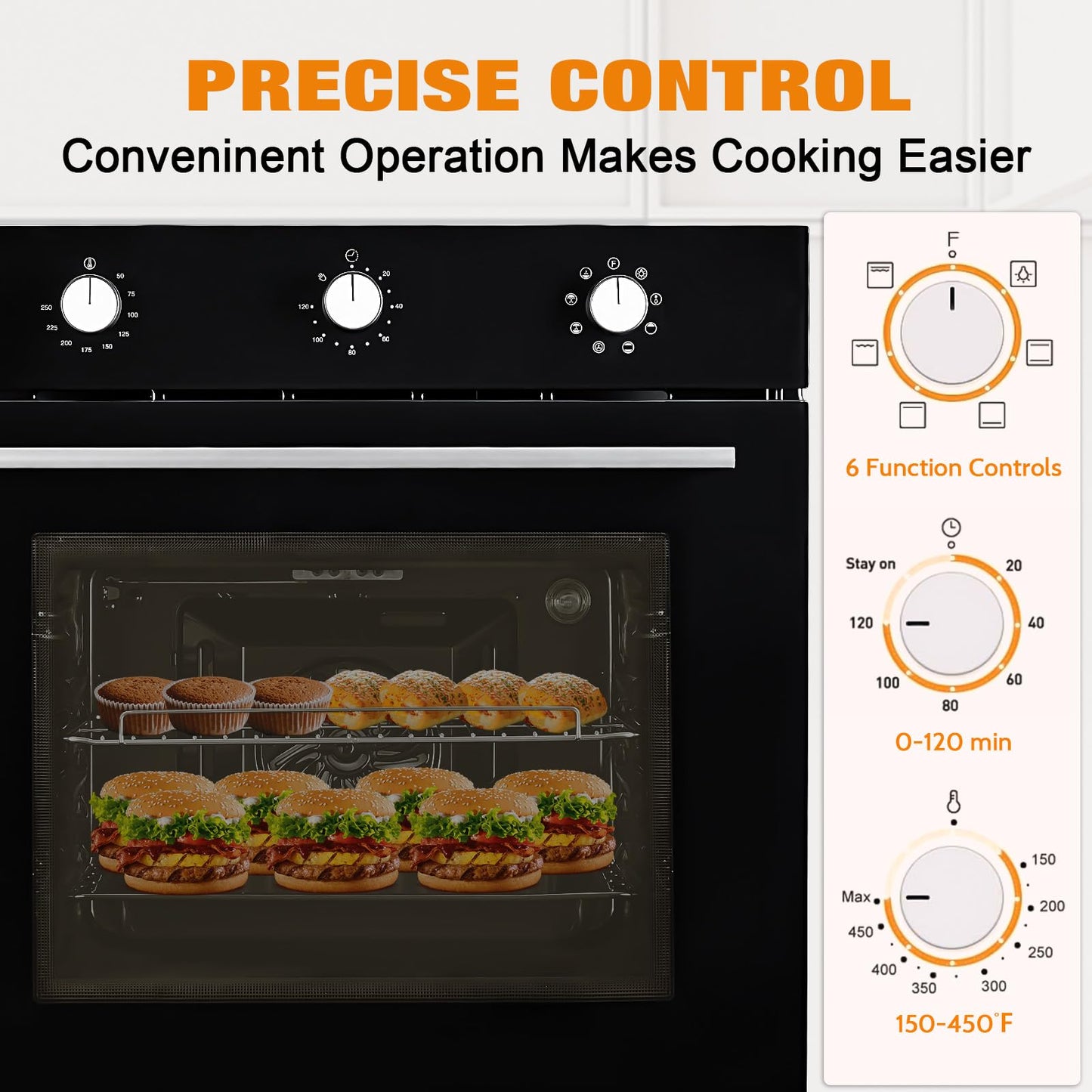 24" Single Wall Oven, 2.5 Cu.Ft. Built-in Electric Single Wall Ovens with Mechanical Knobs, Double-Layered Glass Door, 5 Cooking Functions, 3000W 240V Ideal for Kitchen Oven