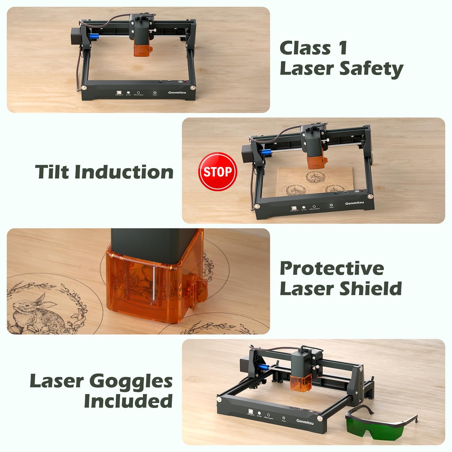 Genmitsu Laser Engraver Kortek 10W 10000mW, Desktop Laser Cutter, Wireless APP Support, ±0.01mm High Precision, Portable Laser Engraving Machine for DIY Wood Acrylic Leather Metal Fiber, Safety Class1