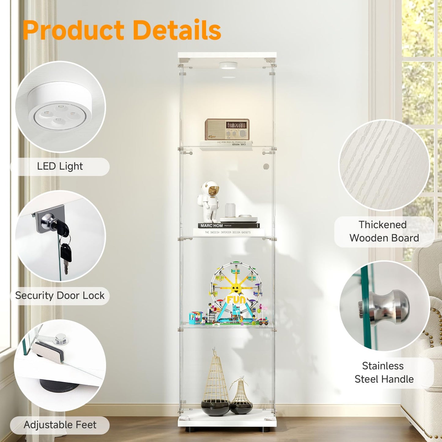 Zevemomo Tempered Glass Display Cabinet with Lights, 4-Tier Curio Cabinet with Glass Doors and Lock, Glass Display Case for Collectibles, for Living Room, Office, Bedroom, Single Door, White