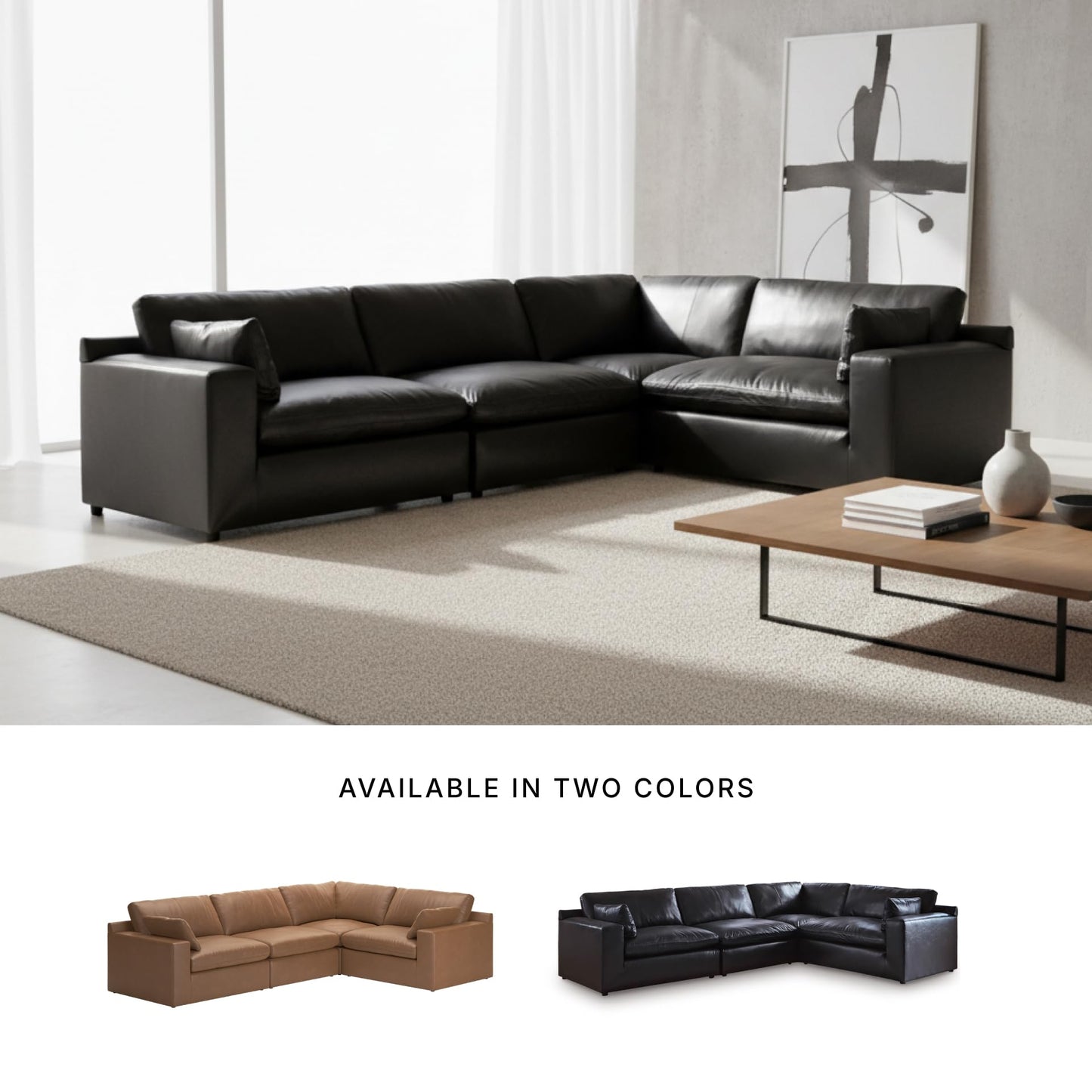 Signature Design by Ashley Emilia Sectional Sofa, Modular Leather Couch with Feather Cushions, Contemporary Living Room Seating with Floating Pieces, 130" W x 90" D x 36" H