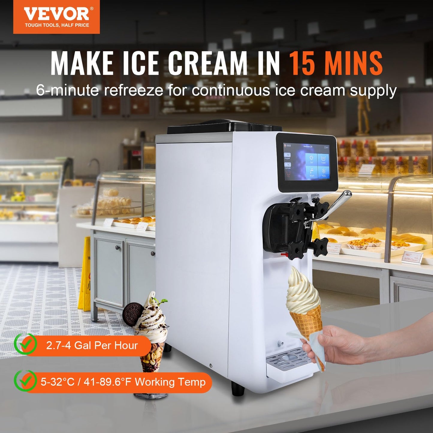 VEVOR Commercial Ice Cream Machine, 1000W Single Flavor Soft Serve Ice Cream Maker, 10.6 QT/H Yield, 4L Hopper & 1.6L Cylinder, Touch Screen, Auto Clean & Pre-Cooling, Countertop Restaurant Snack Bar