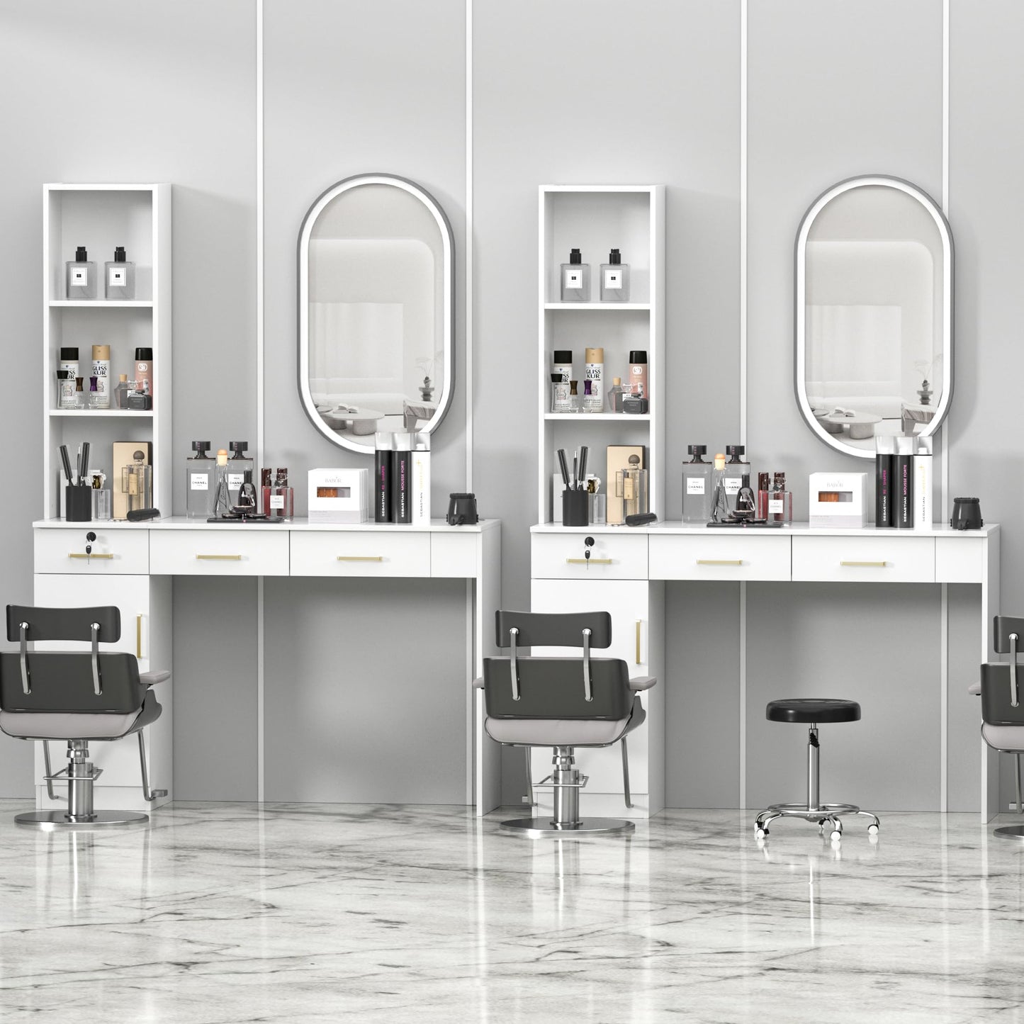 TOVRON Barber Salon Work Station for Hair Stylist Home Beauty Salon Equipment Barber Supplies Organizer Cabinet Barbershop Furniture,White