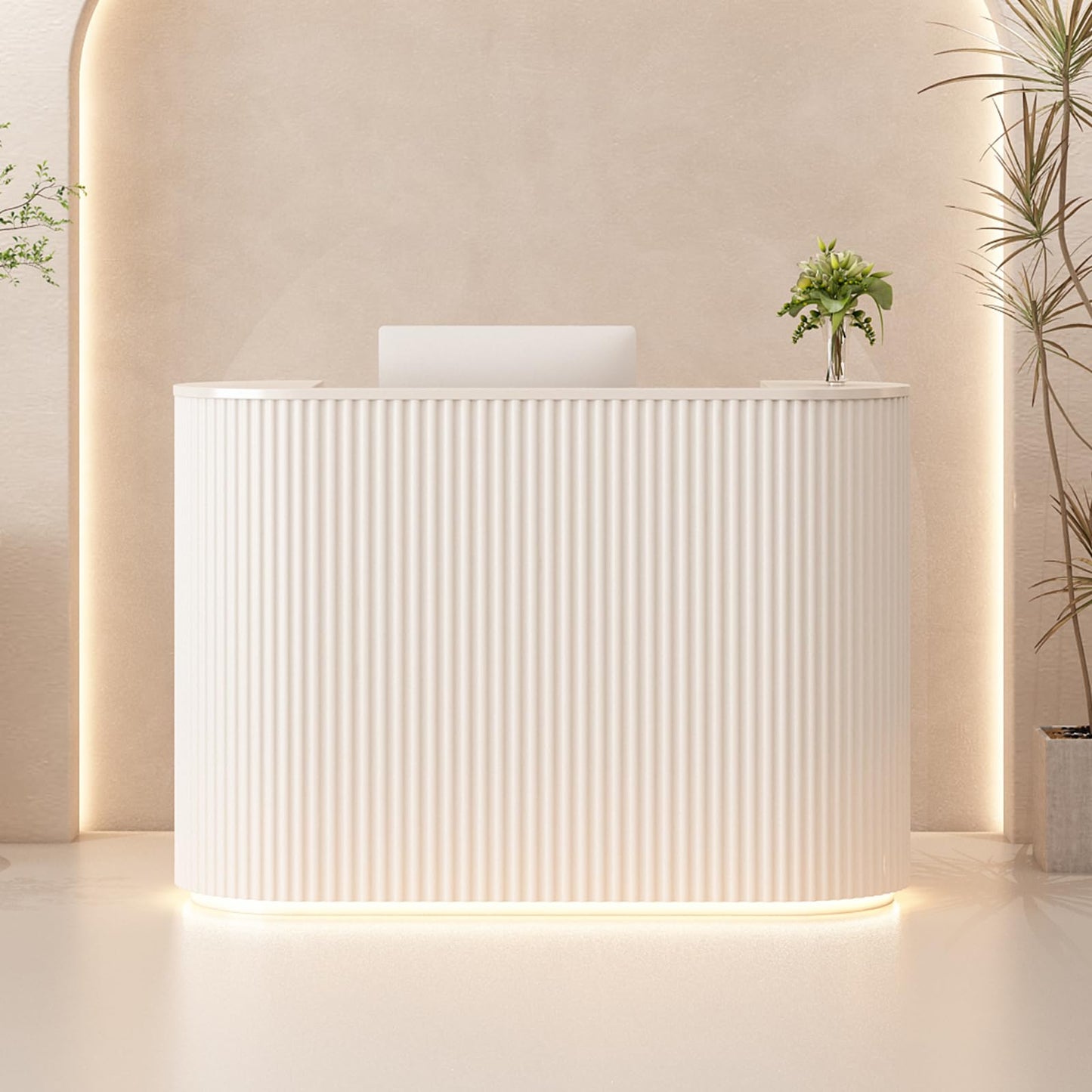 Modern Reception Desk with Counter - Curved Front Checkout Page with Led Lighting, Lockable Drawers, Hidden Cable Management and Wood Construction, Salon Reception Desk for Beauty Salons