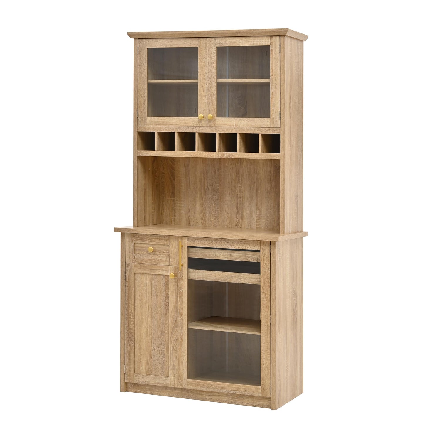 Merax 35.4"x17.7"x74.8" Farmhouse Freestanding Buffet with Hutch, Kitchen Pantry Storage Cabinet with Wine Rack and Adjustable Shelves for Dining Room, Natural