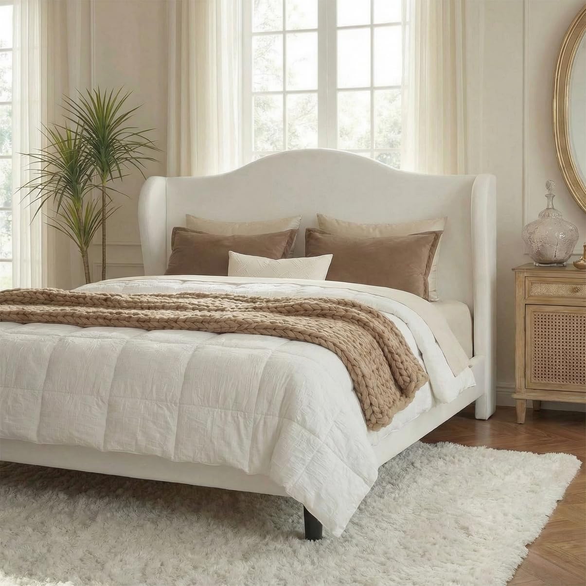 Allewie Velvet Platform Queen Bed Frame with Wingback and 47" Tall Tufted Headboard, Modern Minimalist Design, No Box Spring Required, Tool-Free Assembly, White