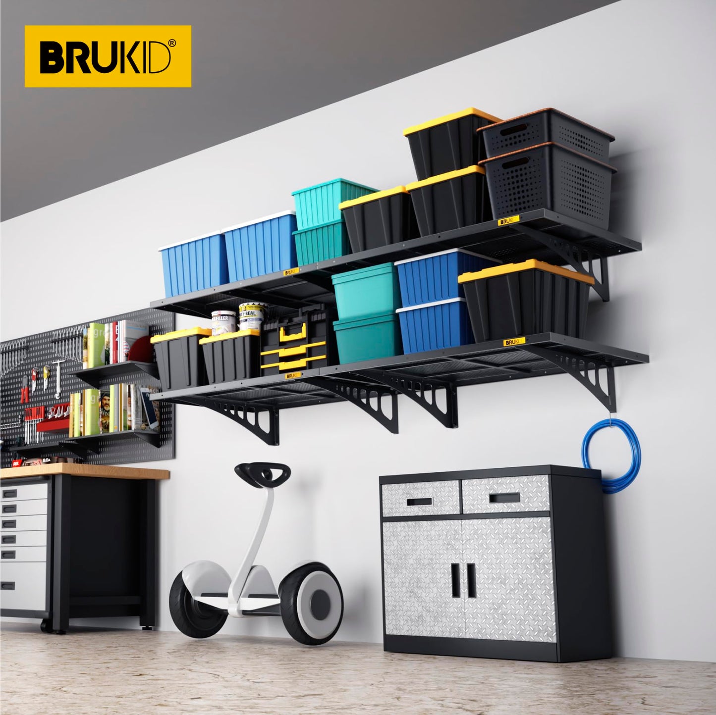 Brukid 4Pack 2x3ft Adjustable Metal Garage Wall Shelving Heavy Duty Garage Storage Shelf Wall Mounted Black