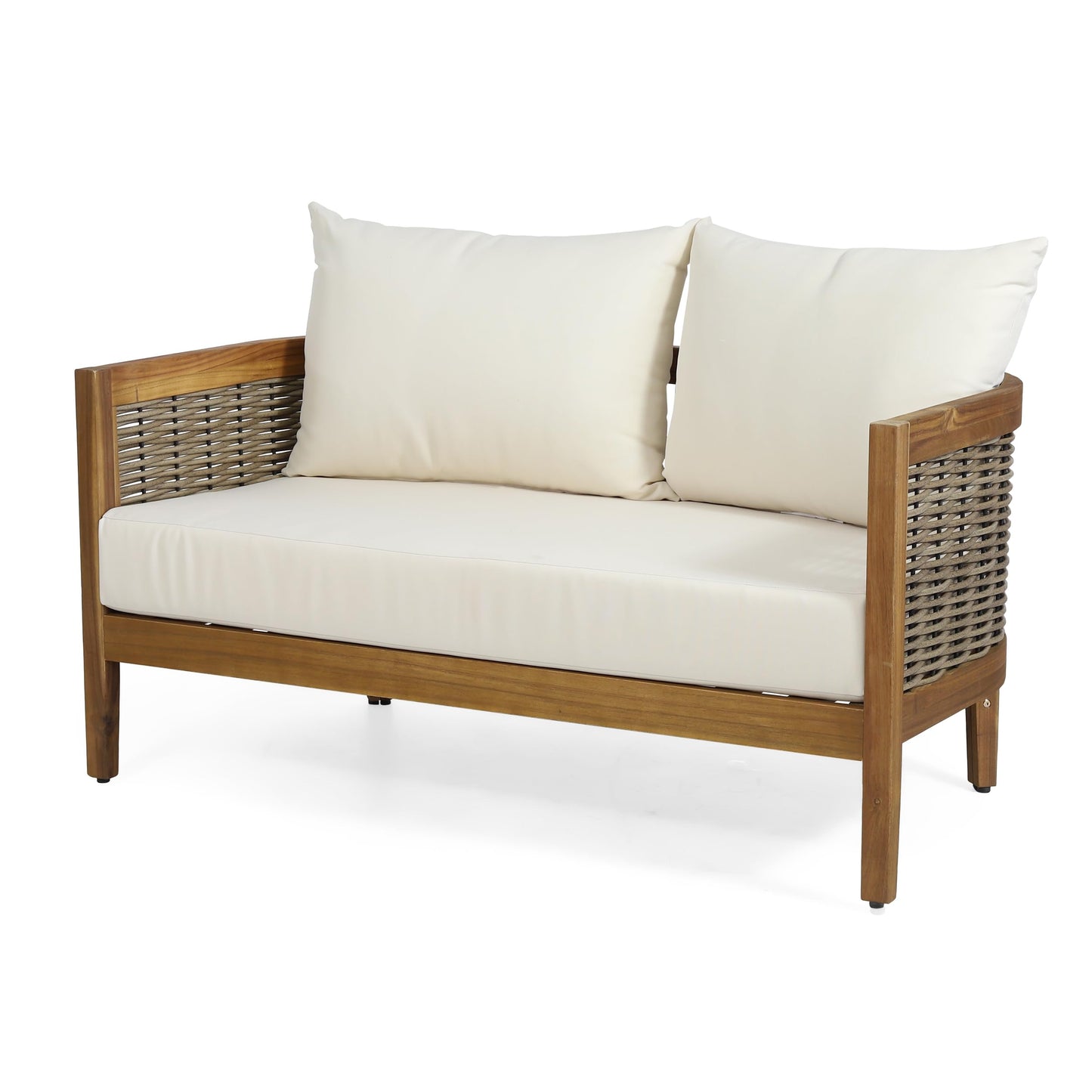 Merax 4-Piece Outdoor Acacia Wood Wicker Conversation Set with Loveseat,Club Chairs and Coffetable for Backyard Garden