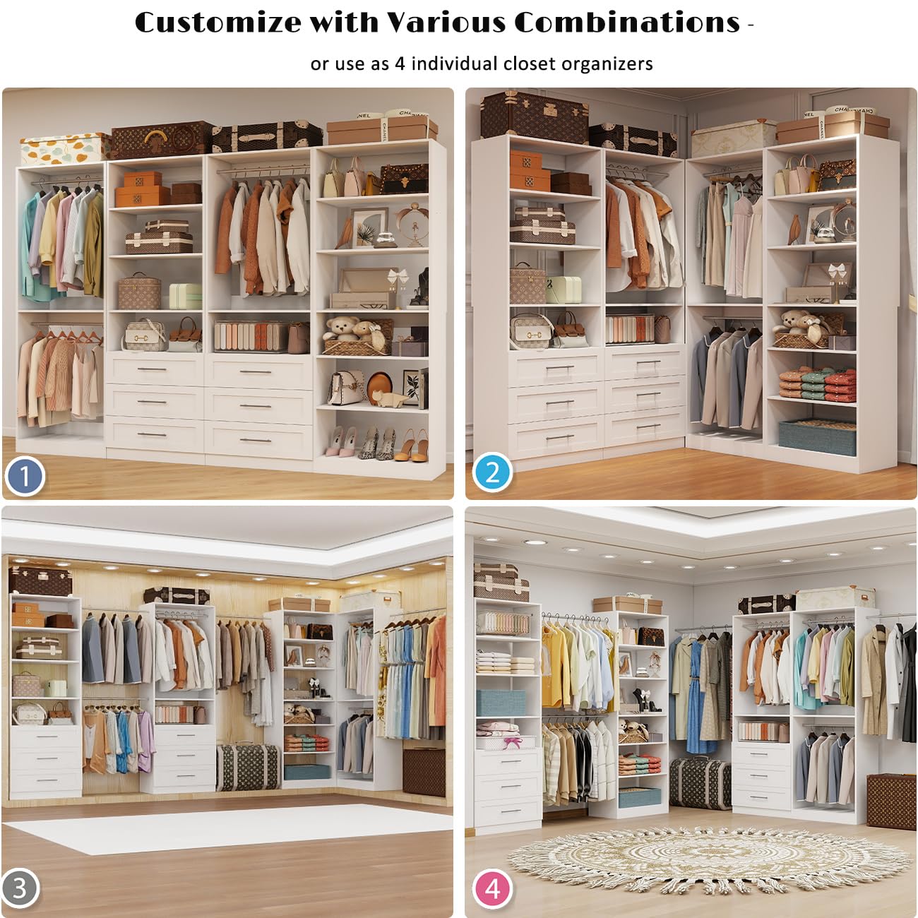 dooloric Closet System with 4 Sets, 8-21FT Closet Organizer Systems with 6 Drawers & 7 Hanging Rods & Adjustable Shelves, Walk in Closet Standalone Closet System Modular Closet System Set White