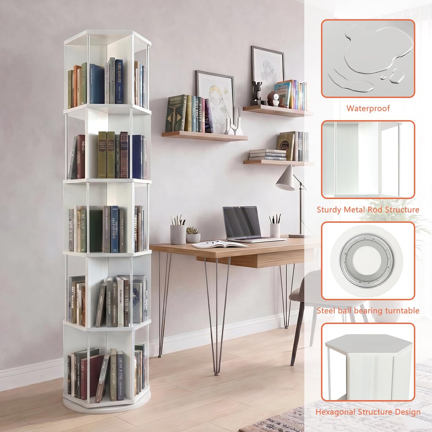 VIWODS Rotating Bookshelf, 5 Tier Spinning Bookshelf Tower, Revolving 360° Hexagonal Bookcase Storage,Vertical Turning Corner Book Shelf for Bedroom, Study Room, White