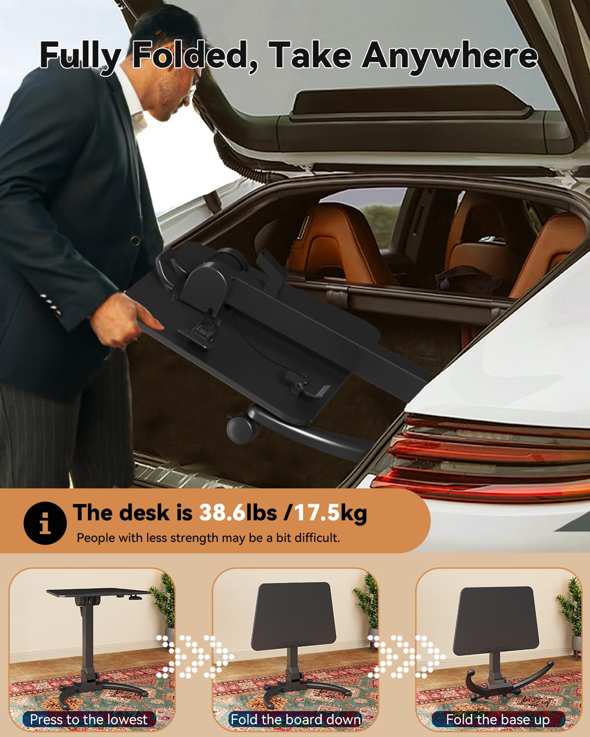 JOY worker Foldable Mobile Standing Desk, Upgraded Height Adjustable Rolling Desk, Max Height 47.6", 90° Tiltable Board & Base, Portable Workstation with Moveable Wheels, Holds Up to 22lbs, Black