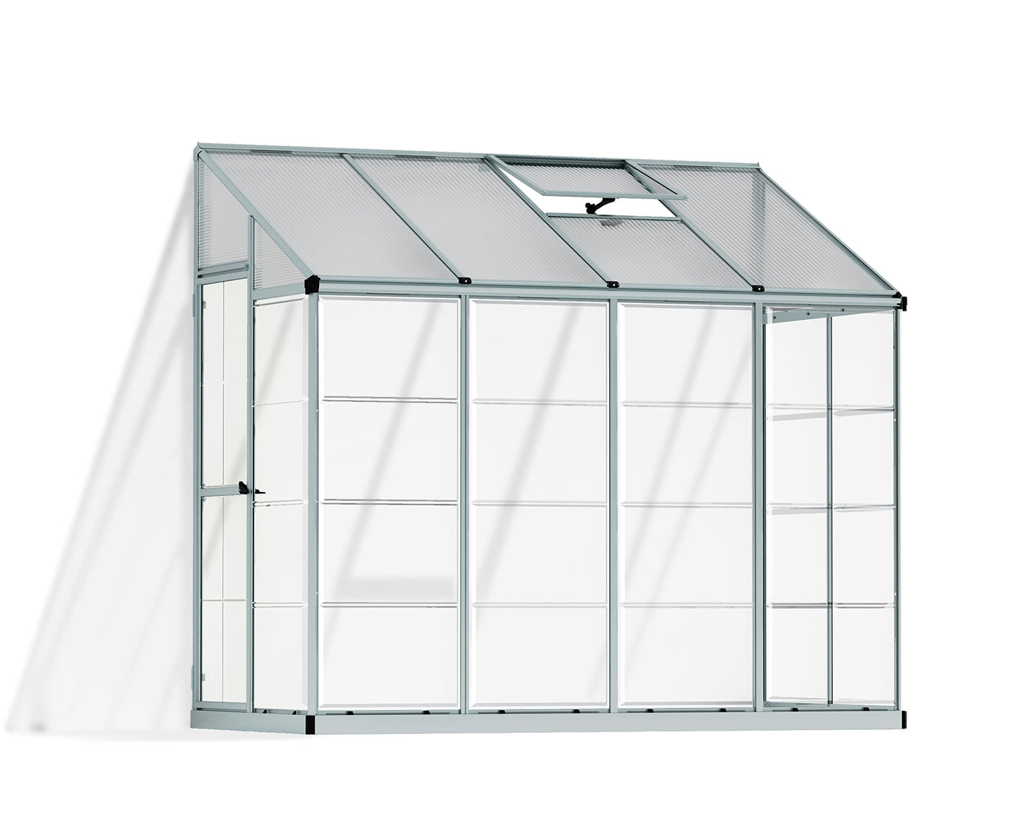 Palram - Canopia 4x8 Lean-To Greenhouse for Outdoors, Hobby Walk-In UV Polycarbonate Panels Heavy Duty Aluminum Frame, Lockable Door, Adjustable Roof Vent, Rain Gutters, Galvanized Steel Base, Hybrid