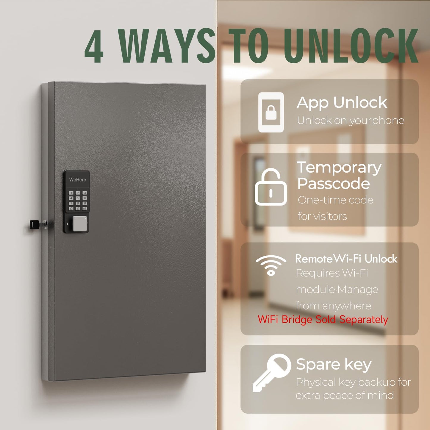 WeHere 96-Key Smart Key Lock Box, Wall-Mount Key Cabinet with Key Management App(Track Key Borrow/Return), Keypad, Bluetooth & WiFi Unlock (Sold Separately) for Commercial, School, Rental, Office
