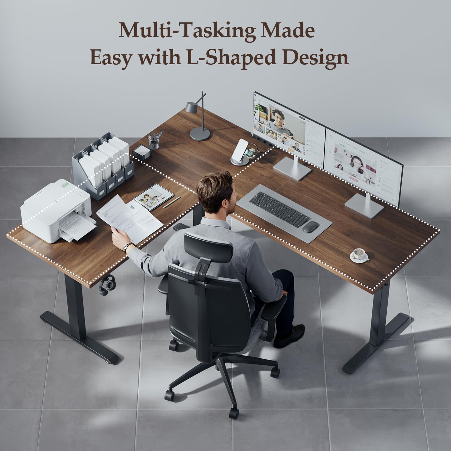 Klicelor L Shaped Standing Desk 73 x 60 Inch, Electric Height Adjustable Corner Desk for Home Office Workstation, Ergonomic Sit Stand Computer Table with Memory Controller, Dark Walnut