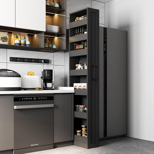KEIKI 7 Tier Pull-Out Kitchen Pantry Storage Cabinet, Multi-Tier Single-Sided Open Shelf, Spice Rack Next to Fridge, Wood Hutch Food Pantries Cupboard for Coffee Bar, Dining Room, Narrow Spaces