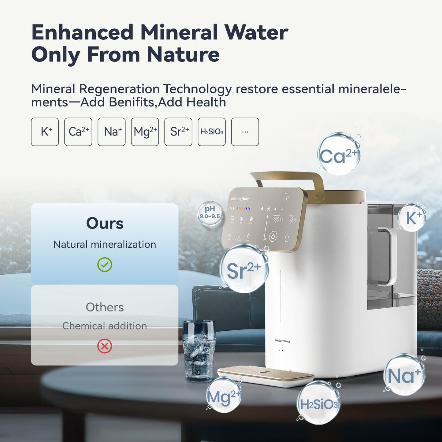 NatureFlow Y60AC（2nd Gen Cold & Hot Countertop Reverse Osmosis Water Mineralization System— Natural Mineral Activation, 10-Stage RO Filtration,Ultra Dual UV, Alkaline Water, 11-Temperature