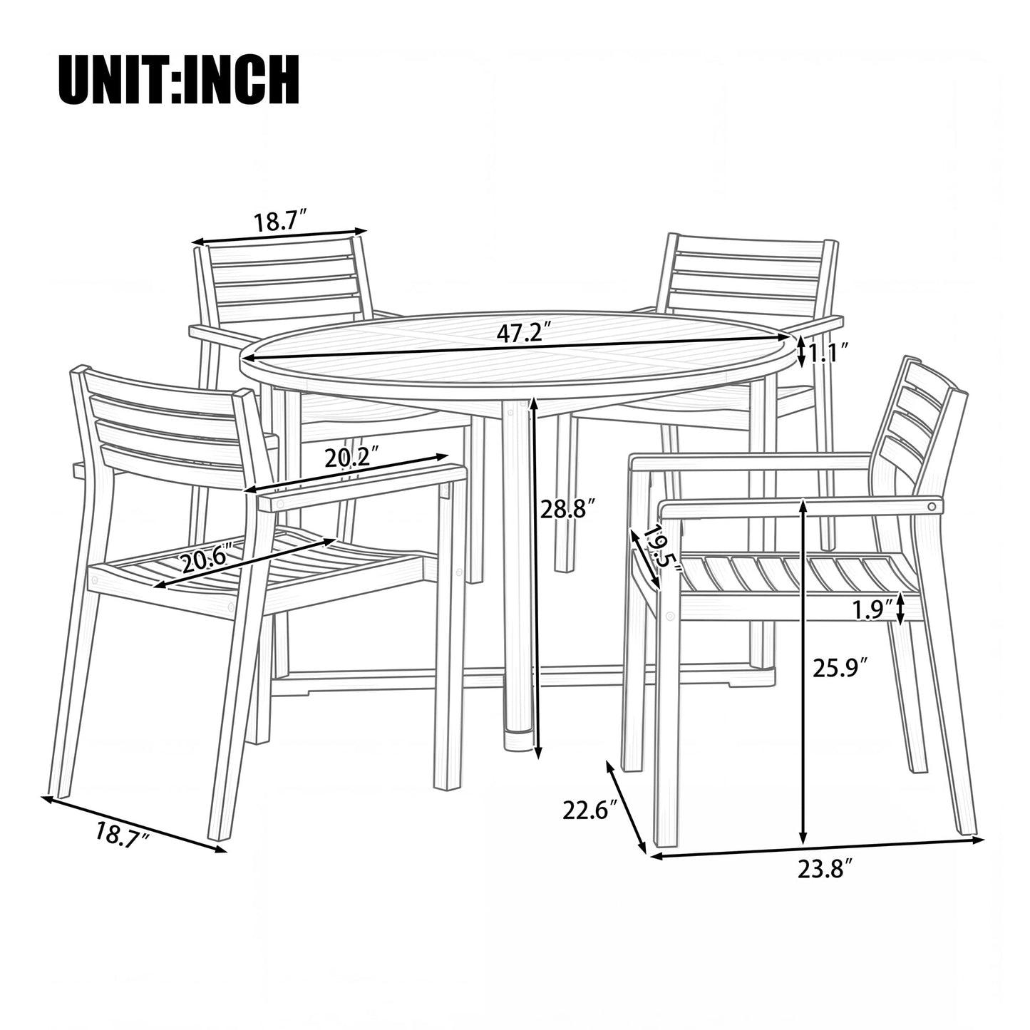 Merax 5-Piece Outdoor Dining Set for 4 People, Weather-Resistant Sturdy Acacia Wood Furniture Sets, 4 Chairs + 47.2" Round Dining Table, for Patios Garden Poolside Lawn, Natural