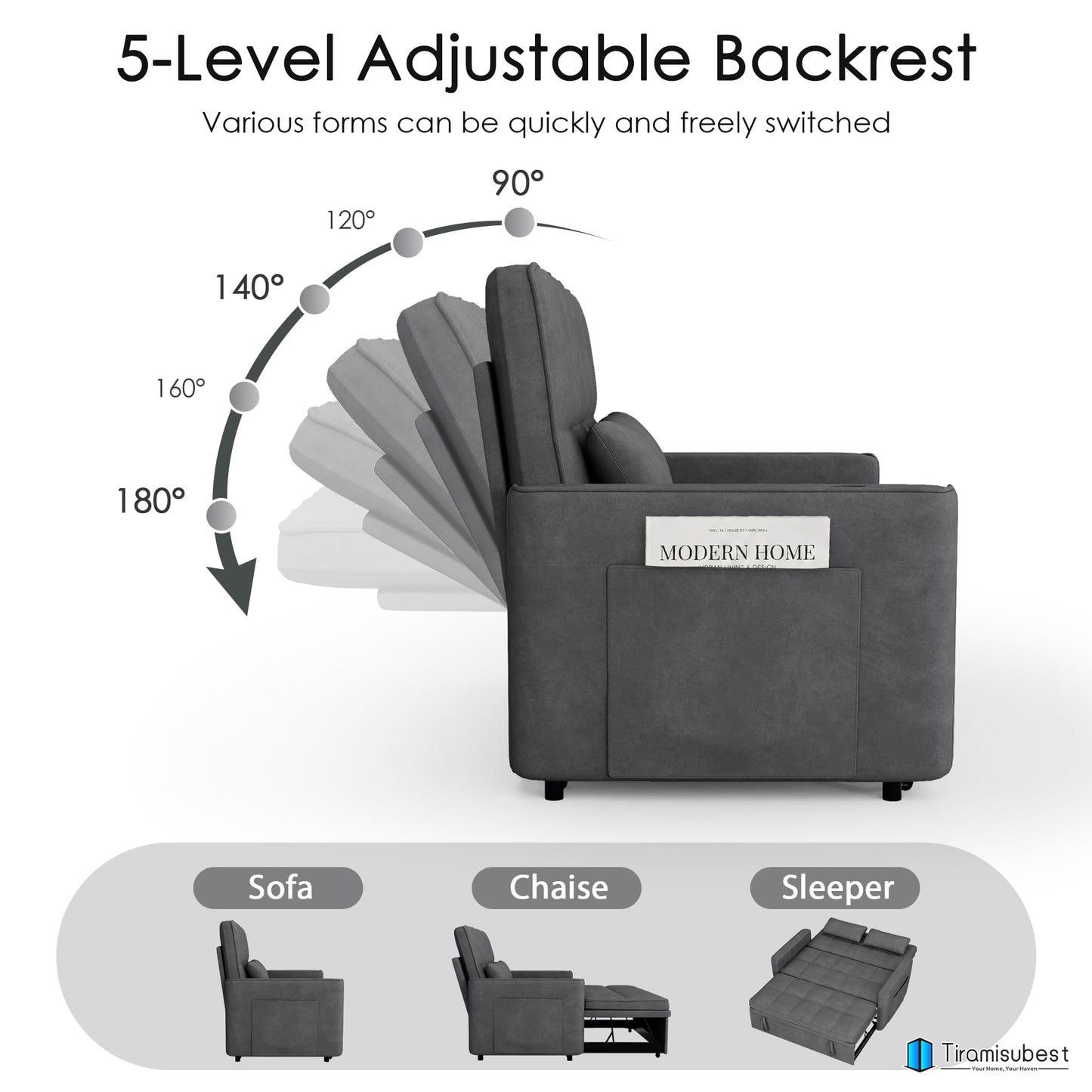 tiramisubest 54'' Sleeper Sofa Bed, Convertible Pull Out Couch Futon for for Living Room,Apartment (Darkgrey, Loveseat) Side Pockets, Velvet Fabric, Adjustable Backrest, Pull-Out Bed, Easy Assembly