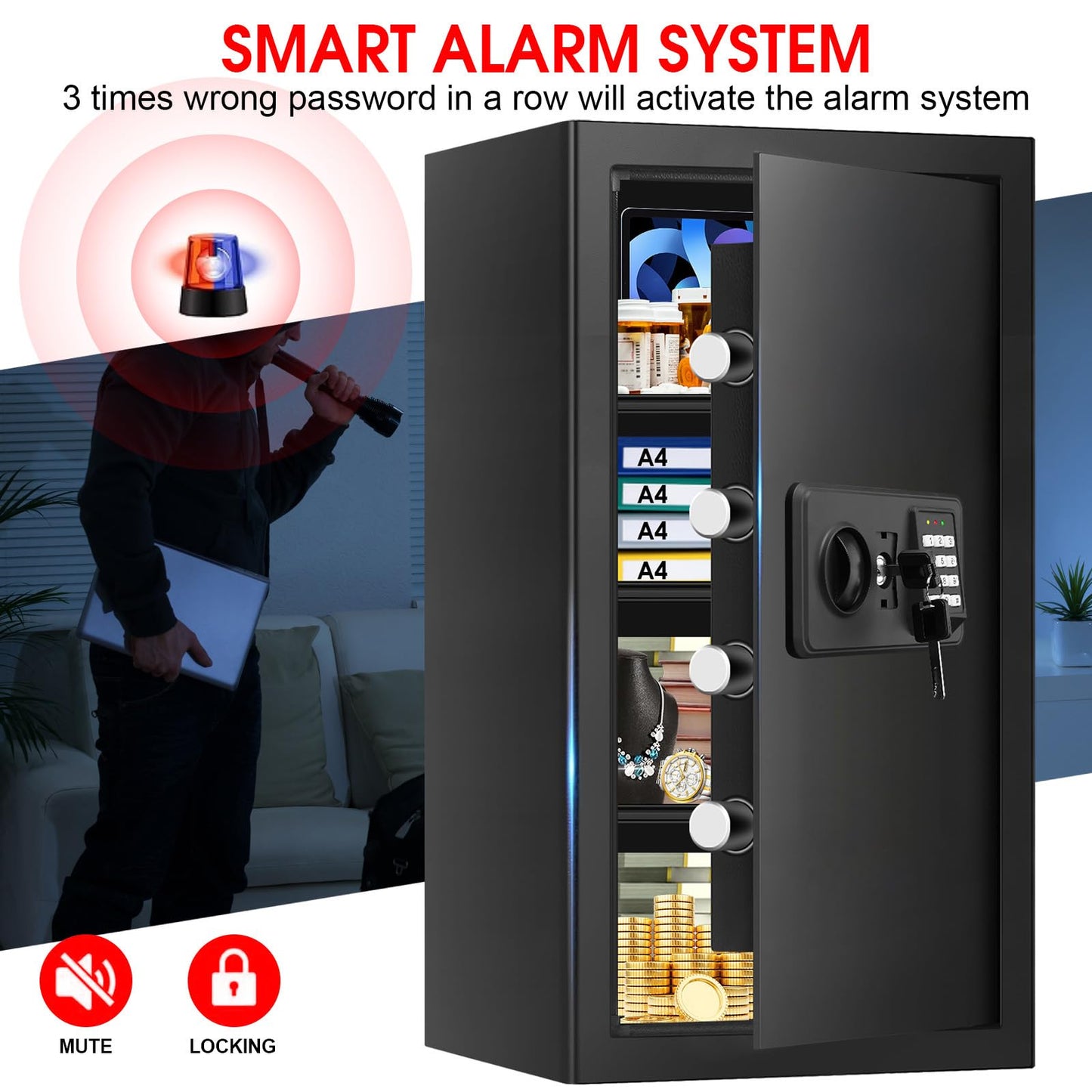 6.0 Cub Large Home Safes Fire and Waterproof, Anti-theft Fire Proof Safe Box with Digital Keypad, Key Lock and 3 Removable Shelves, Security Safes Fireproof Waterproof for Home Document Valuables