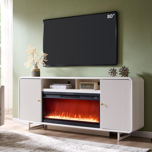 IFGET 70" Fluted Fireplace TV Stand for 80 Inch TV, Modern Entertainment Center w/36'' Electric Fireplace, Wood Media Console w/Curved Profile Design and Adjustable Shelves for Living Room, White