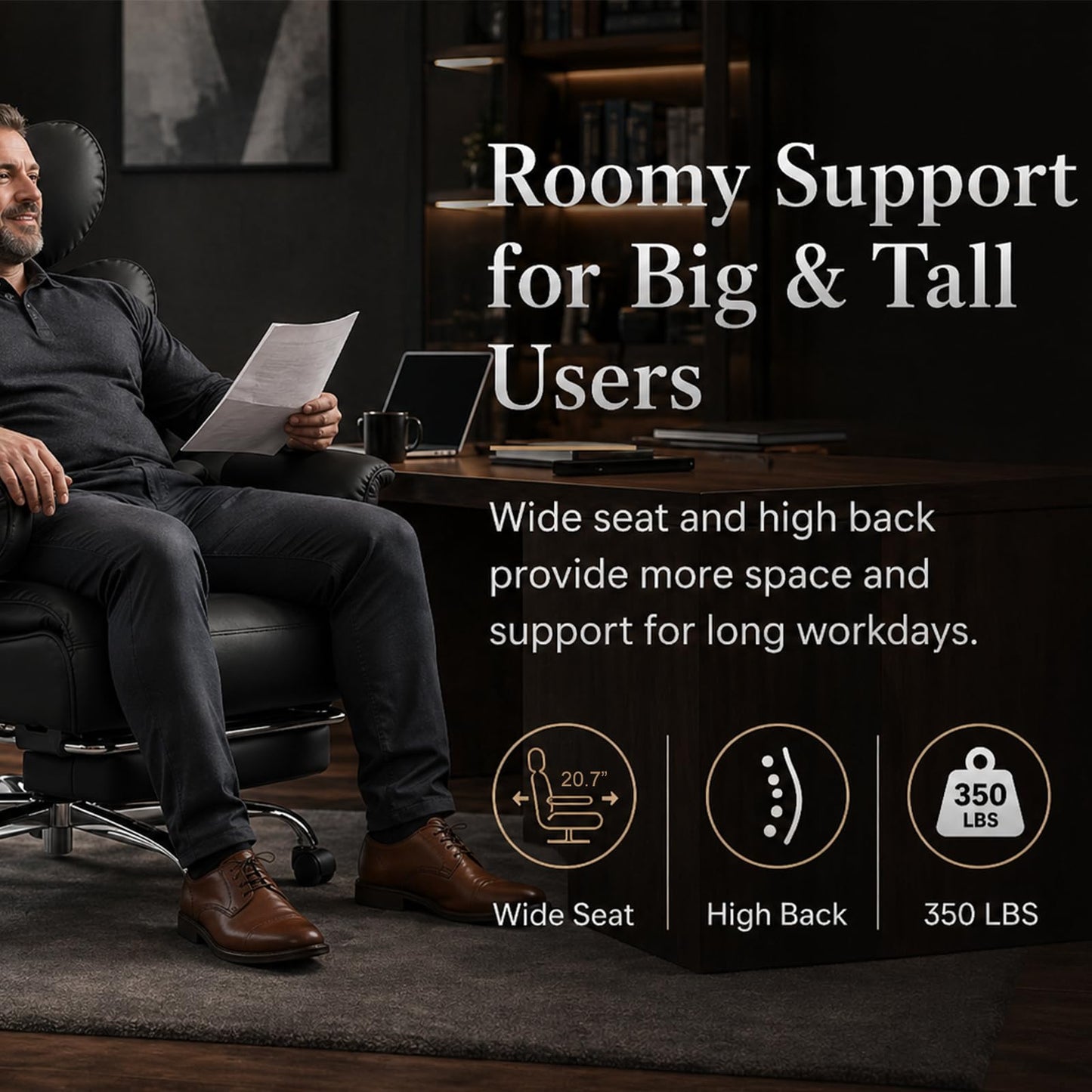 Big and Tall Office Chair 350 LBS, Scratch-Resistant PU Leather Executive Office Desk Chair with Footrest, Ergonomic Reclining Computer Chair with Pocket Spring Support for Home Office, Black