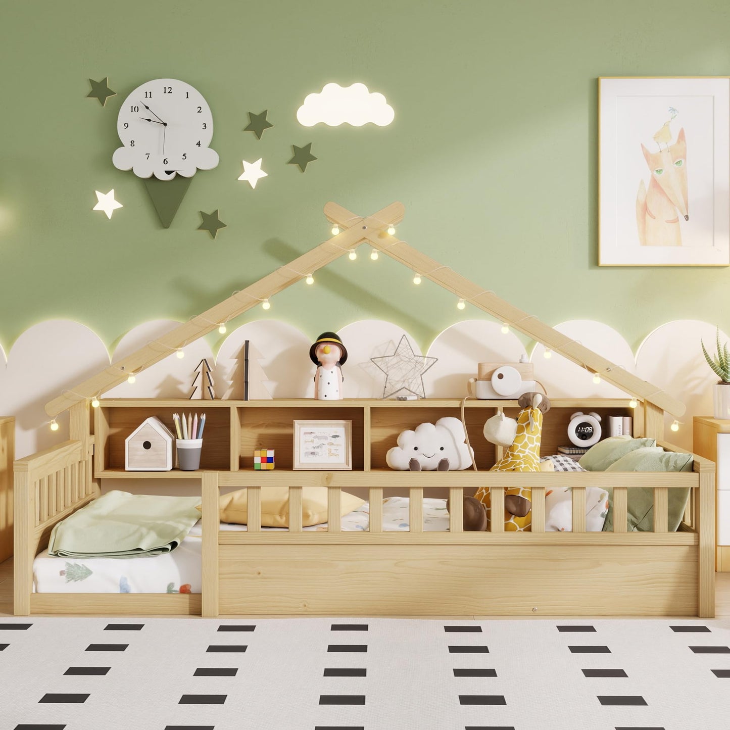 KEIKI Twin House Shaped Floor Bed with Storage, Kids Montessori Platform Bed Frame with Light & Tall Rails, Solid Beds Frames for Boys Girls Bedroom, No Box Spring Needed, Easy Assembly, Natural