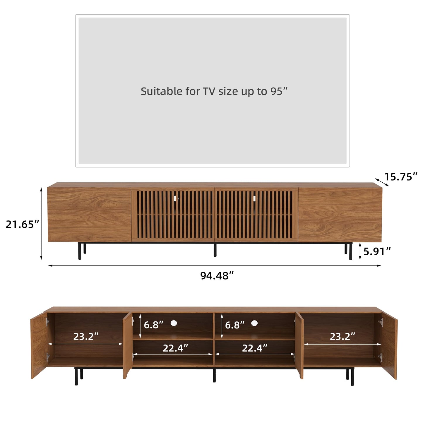 DinaiteEain Mid Century Modem TV Stand for 80 Inch TVs and Larger, Walnut Entertainment Center with 4 Doors, Large Storage &Cable Management, Media Console for Living Room (94.48 Inches)
