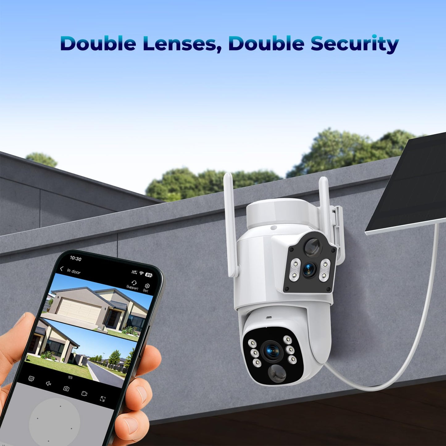 Camcamp Solar Security Cameras Wireless Outdoor,Dual-Lens Solar Camera System for Home Security, 4 Cameras (8 Screen), 10CH NVR with 500GB HDD, 360°PTZ, No Monthly Fee, Color Night Vision