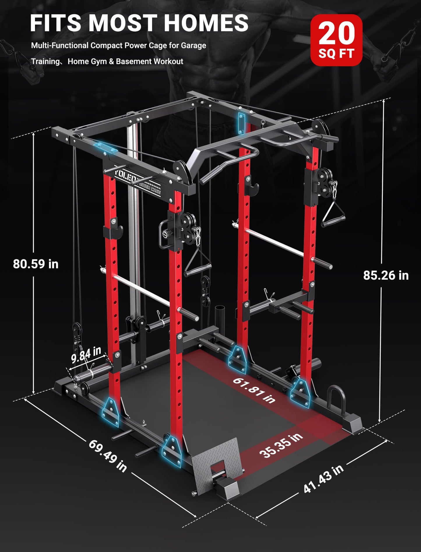 YOLEO Smooth Pulley System Power Cage, Adjustable Cable Crossover Power Rack, Multi-Functional Cable Machine for Home Gym (Power Cage)