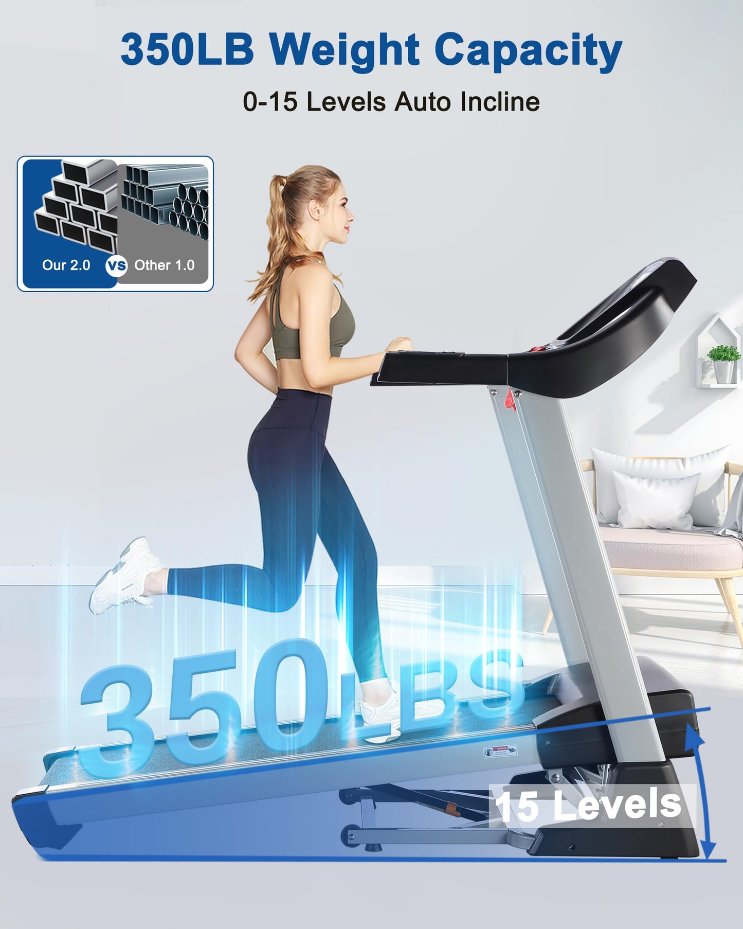 BORGUSI Treadmill with 15% Auto Incline - 350 LBS Capacity, 3.5HP Electric Folding Treadmill Up to 10MPH Speed, Running Machine with 20" Wide Tread Belt & LCD Display for Home Use