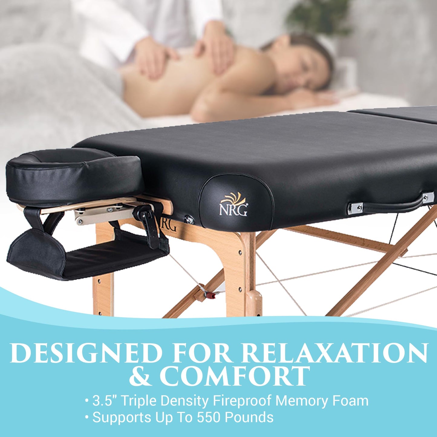 NRG Vedalux Portable Massage Table Package | Black | Folding Lightweight Massage Bed | Professional Spa Table with Face Cradle, Hanging Armrest & Carrying Case