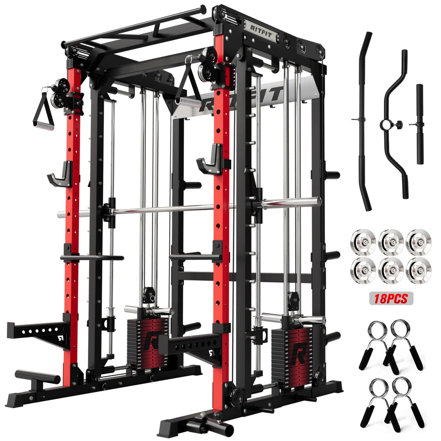 RitFit M2 Smith Machine with Cable Crossover System, 3D Functional Trainer & Power Cage, 16 Adjustment Holes, 6 Storage Pegs for Full-Body Home Gym(M2 PRO-3D Red)