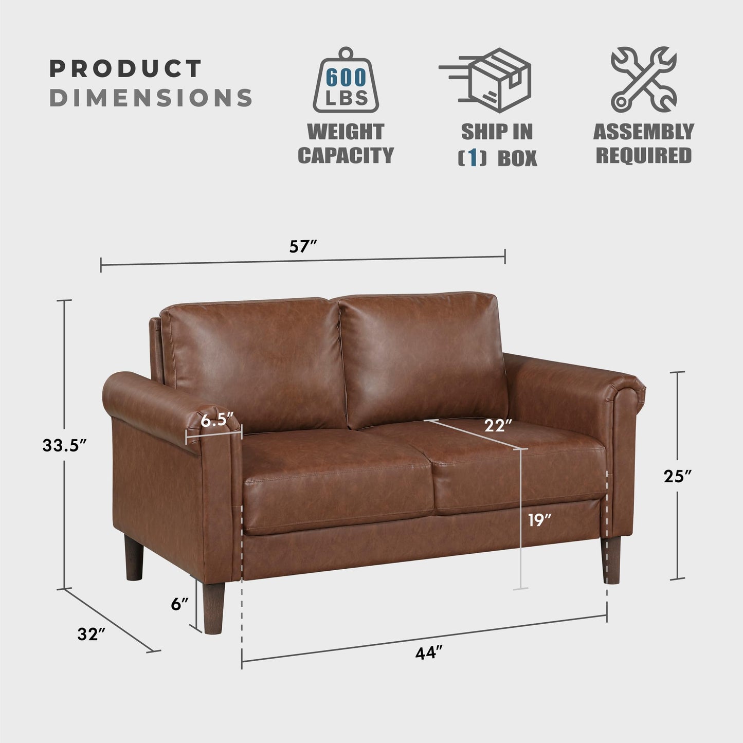 Lexicon 57" W Faux Leather Loveseat Sofa, Upholstered 2-Seater Couch with Rolled Armrest & Wood-Look Feet, Traditional Small Space Living Room, Office or Waiting Room Seating - Chocolate