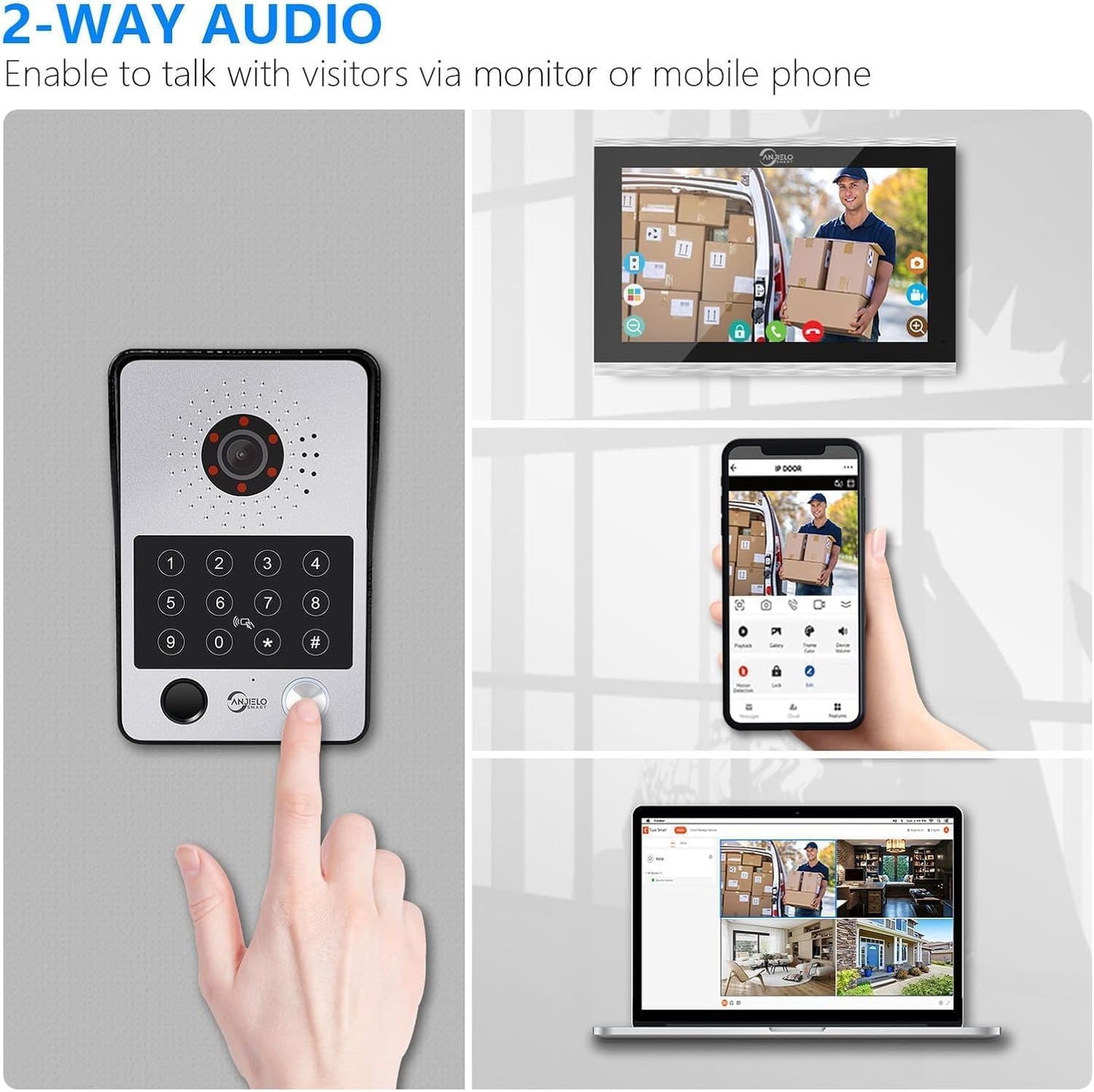 WiFi Wired Video Doorbell System,7 Inch High-Definition Monitor +Ring Camera,Remote/ID/Password/Fingerprints Unlock,Night Vision,Two-Way Intercom for Villa Home Apartment (2 Doorbell+4 Monitor)