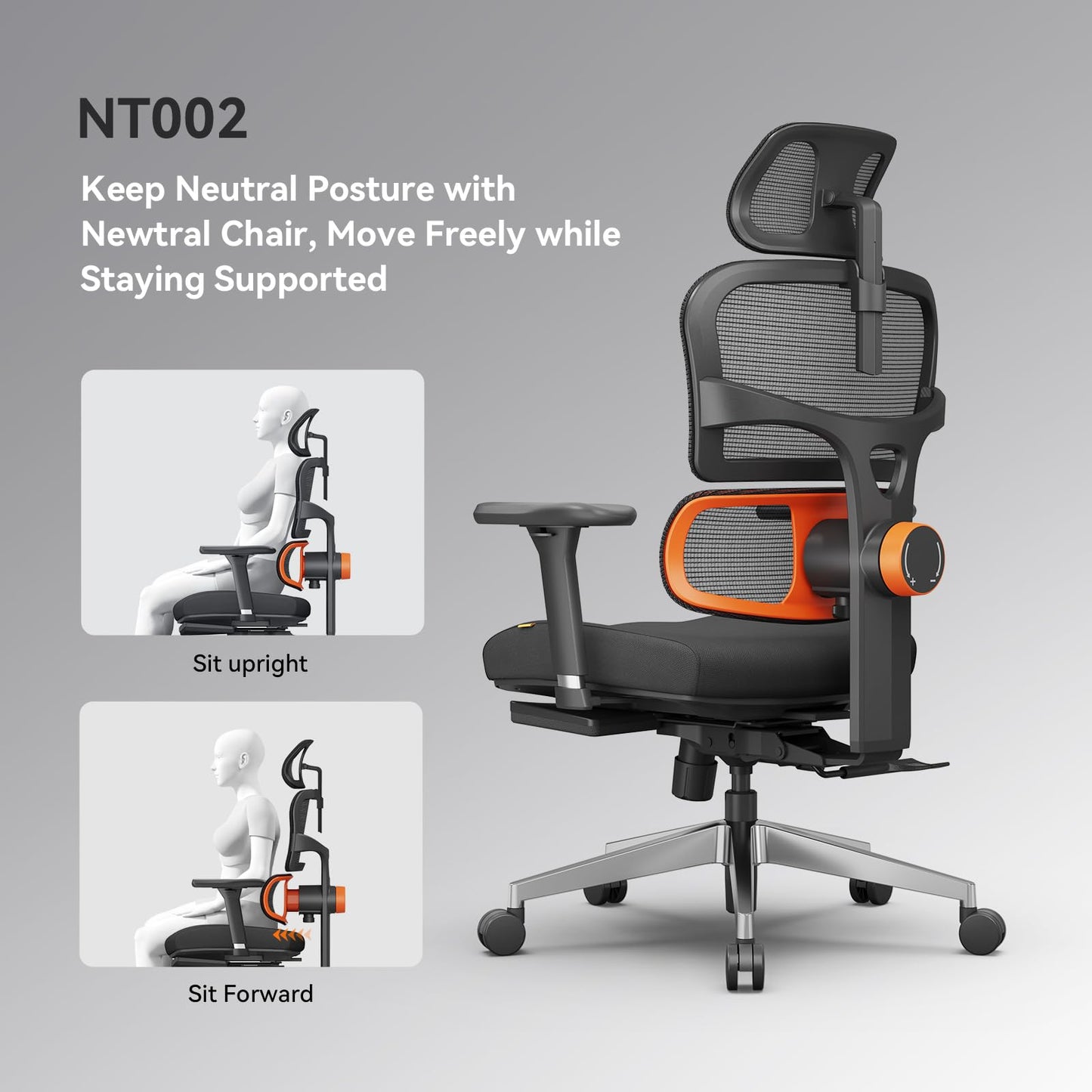 Newtral Office Chair Ergonomic - Home Office Desk Chair, Back Pain Chair with Auto-Following Lumbar Support, 4D Armrest, Seat Depth and Height Adjustable
