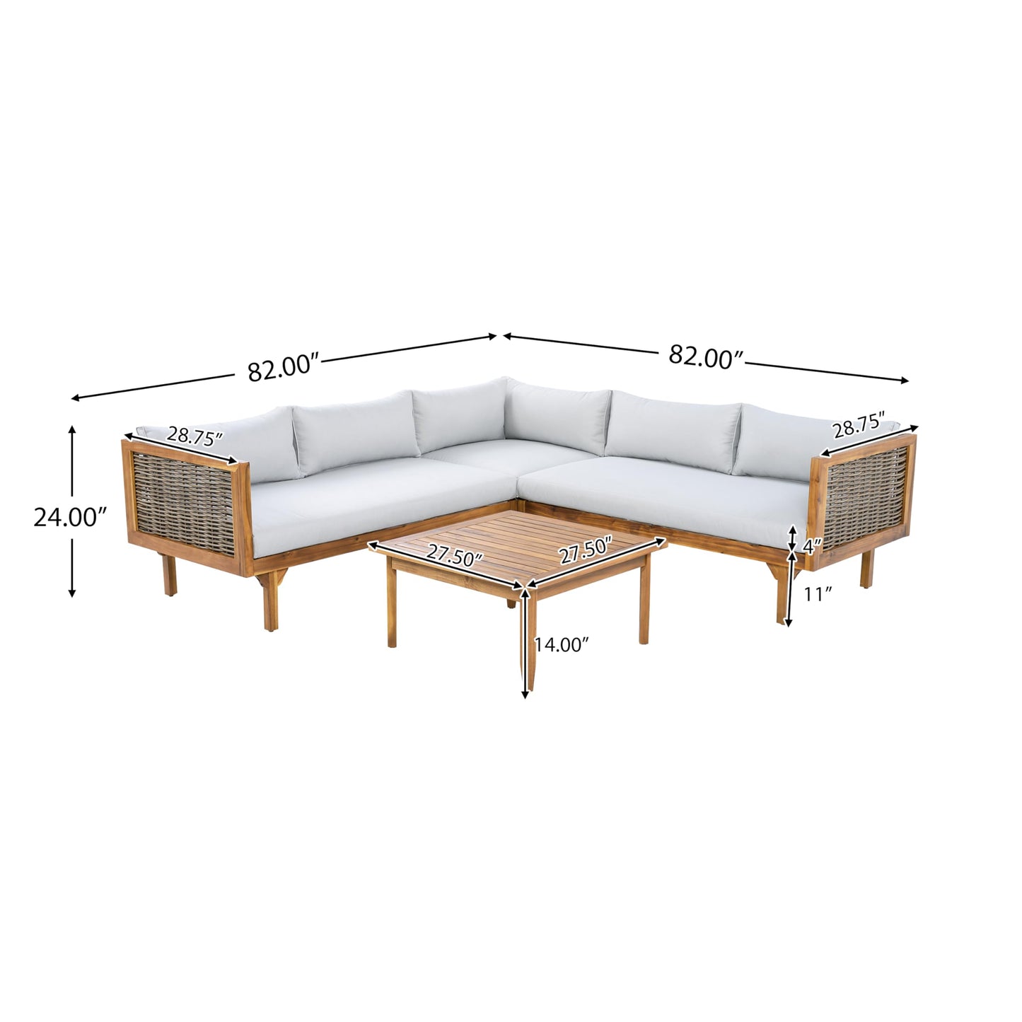Christopher Knight Home Tenntt 5-Seater Acacia Wood Patio Furniture Set, Outdoor Conversation Sofa Chat Set with Coffee Table, Wicker Arm, Sectional Seating Group for Backyard Balcony, Teak+Light Gray