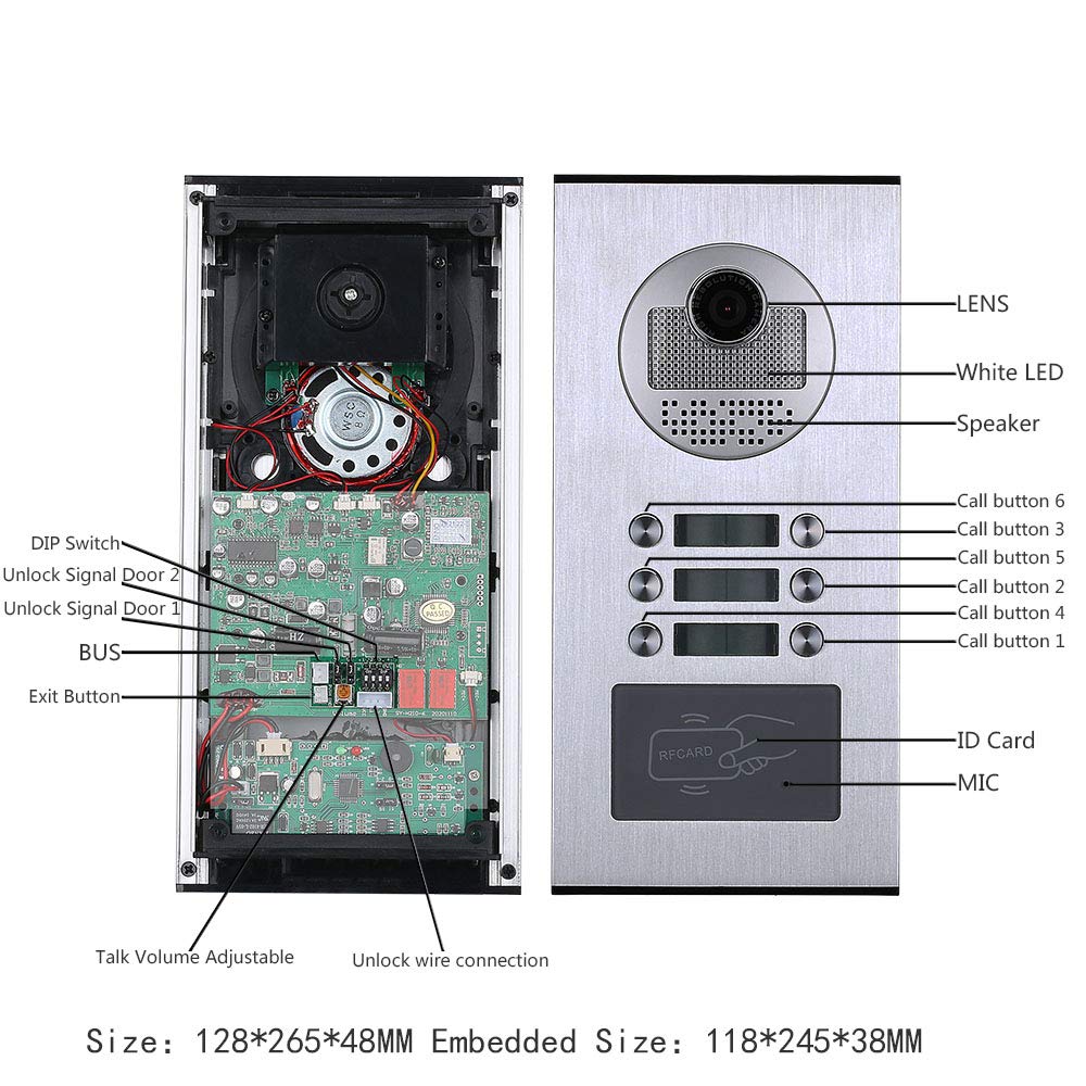 6-Unit Home Apartment Visual Intercom Doorbell System,7" LCD Screen Bus 2pin Wired Video Door Phone Kit,for Home Night Vision+ Cathode Lock(1 Doorbell+6 Monitor)