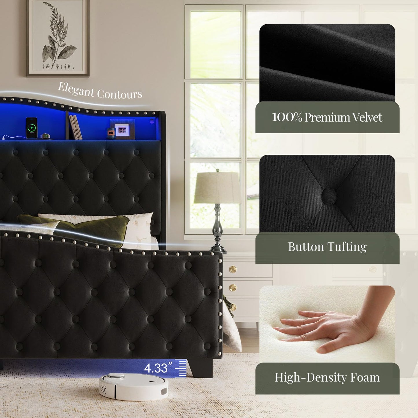 Belffin Queen Size Bed Frame and Headboard, 50.9" Velvet Upholstered Wingback Bedframe with LED Lights & Storage/Charging Station, Button Tufted Tall Footboard, No Box Spring Needed, Noise-Free, Black