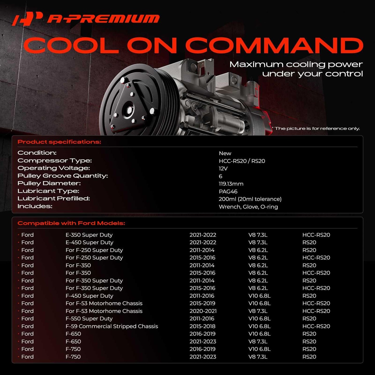 A-Premium Air Conditioner AC Compressor with Clutch Compatible with Ford F-250 F-350 F-450 F-550 Super Duty F53 F59 F650 F750, 6 Groove Pulley