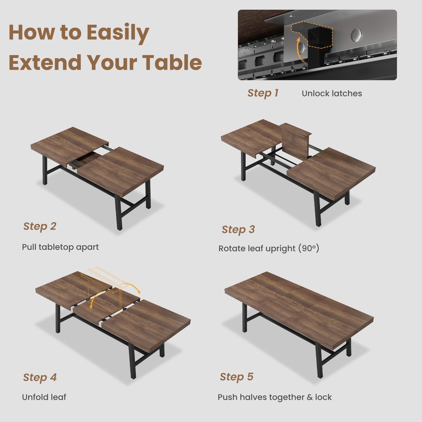 GarveeHome 63-83" Extendable Dining Table, Industrial Rectangular Dining Room Table for 6-8 People, Expandable Kitchen Table with Heavy Duty Metal Frame for Dining Room, Kitchen & Parties, Brown