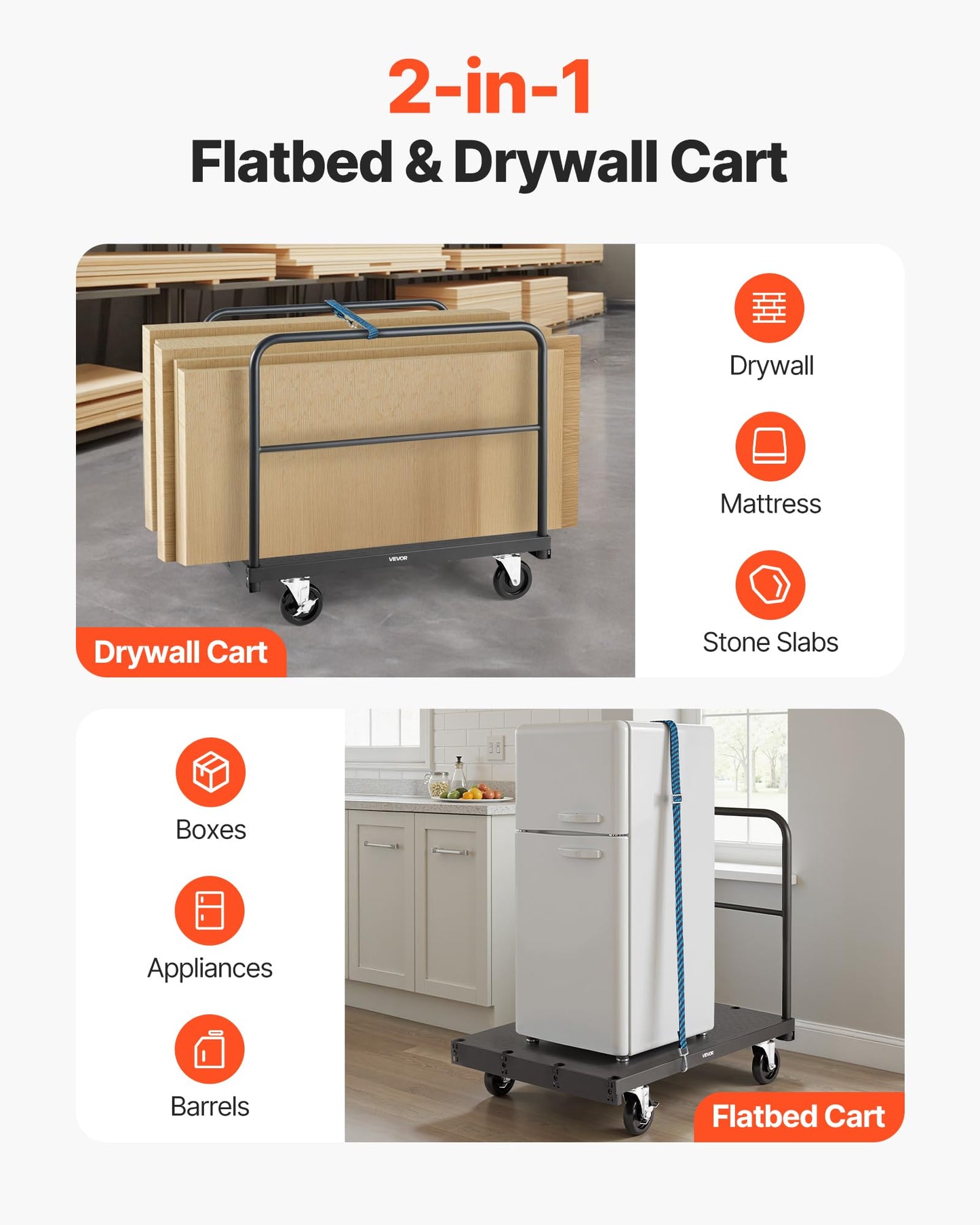 VEVOR Drywall Cart Dolly, 1800 lbs Load Capacity, 2-in-1 Steel Panel Truck Cart with 5 inch Swivel Casters, 36 x 24 inch Platform Truck with 3 Side Handrails for Factory, Warehouse, Garage, Black