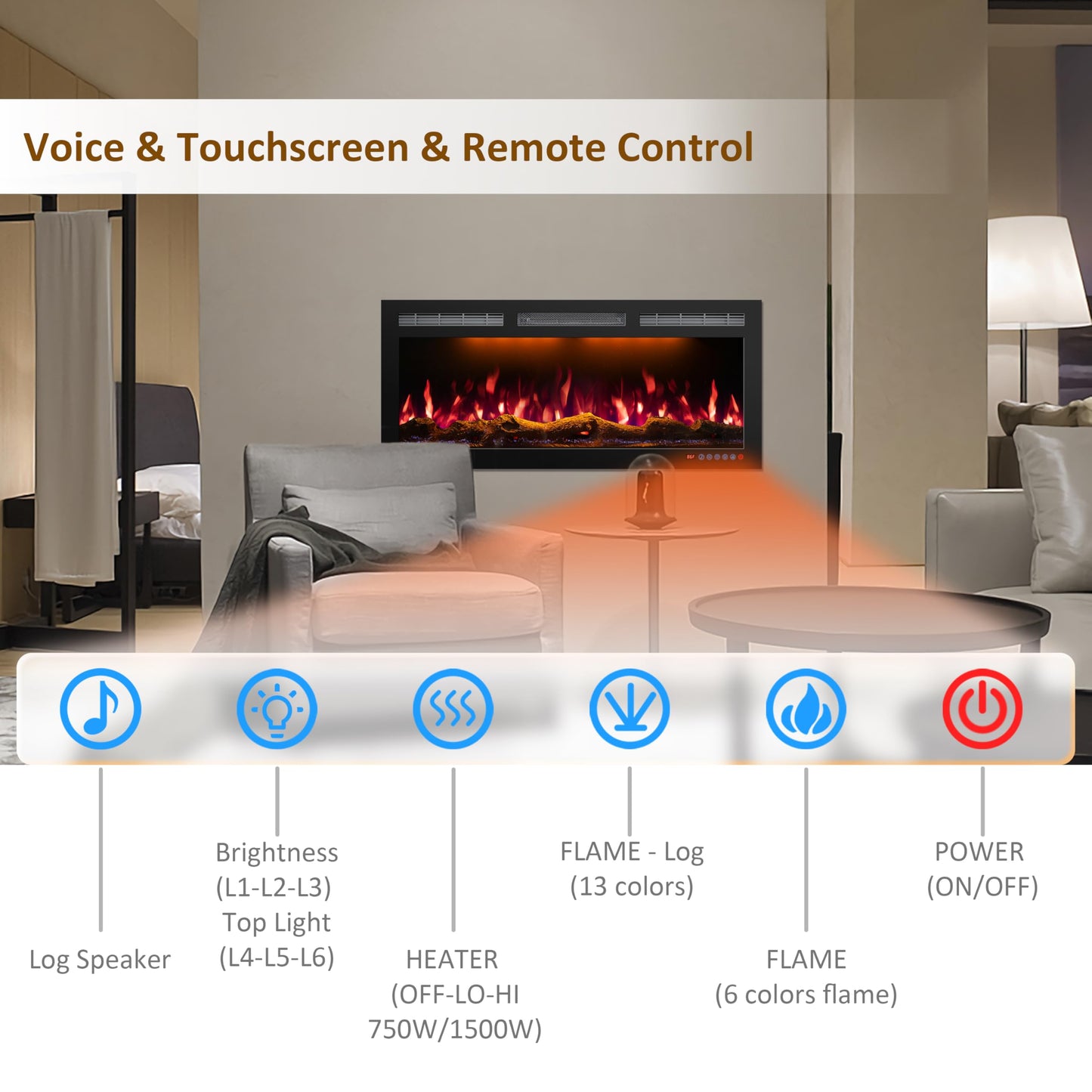 Mystflame 60 Inch WiFi Electric Fireplace Heater, Recessed or Wall Mounted, Ultra‑Slim 5.51" Deep, 750/1500W, 6 Flame Colors & 13 Ember Bed Colors,Remote & App Control, Alexa & Google Home