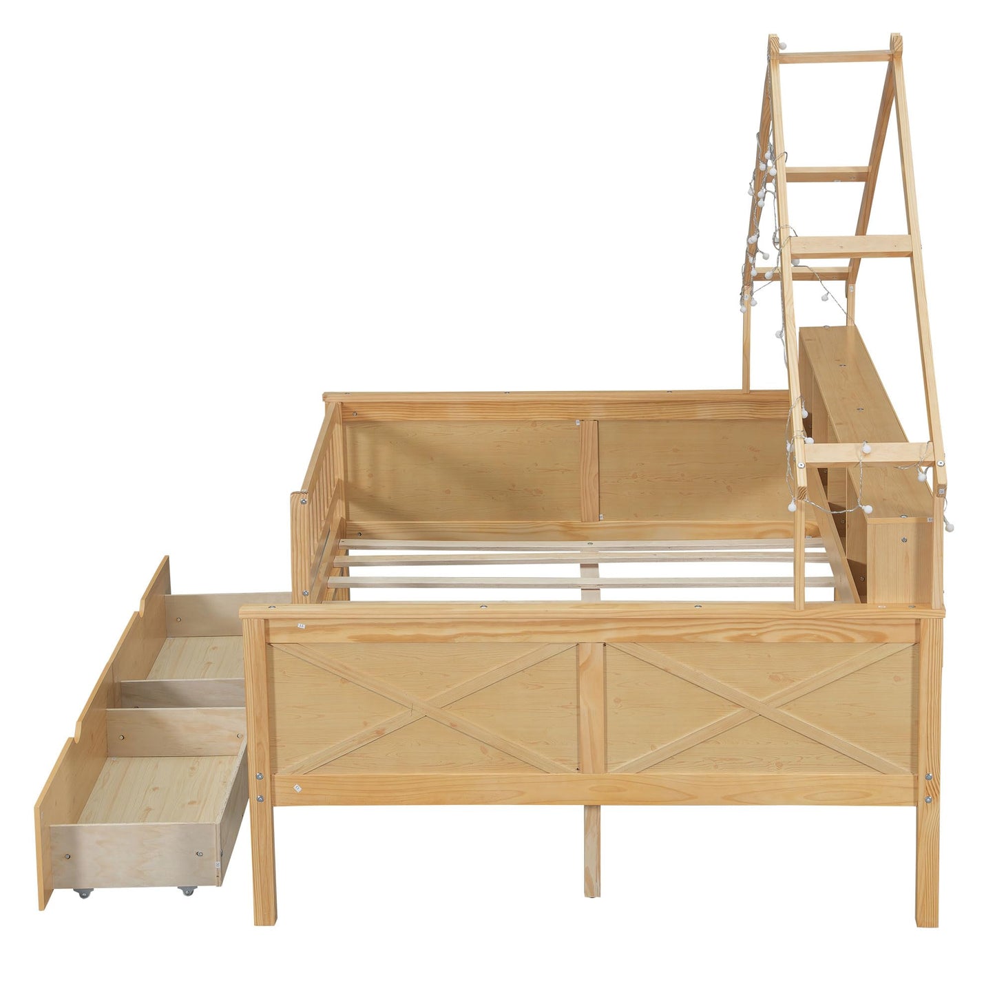 Merax Full Size House Platform Bed with LED Lights, Storage Shelves & Drawers - Bed with Guardrail, Sturdy Pine Wood & MDF Frame, Natural