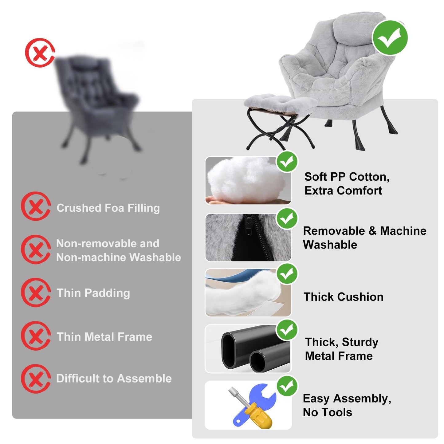 Furlide Lazy Chair with Ottoman, Modern Accent Chair with Armrests and a Side Pocket, Plush Grey Accent Chairs, Reading Chairs, Oversized Armchairs for Bedroom, Study, Living Room, Courtyard