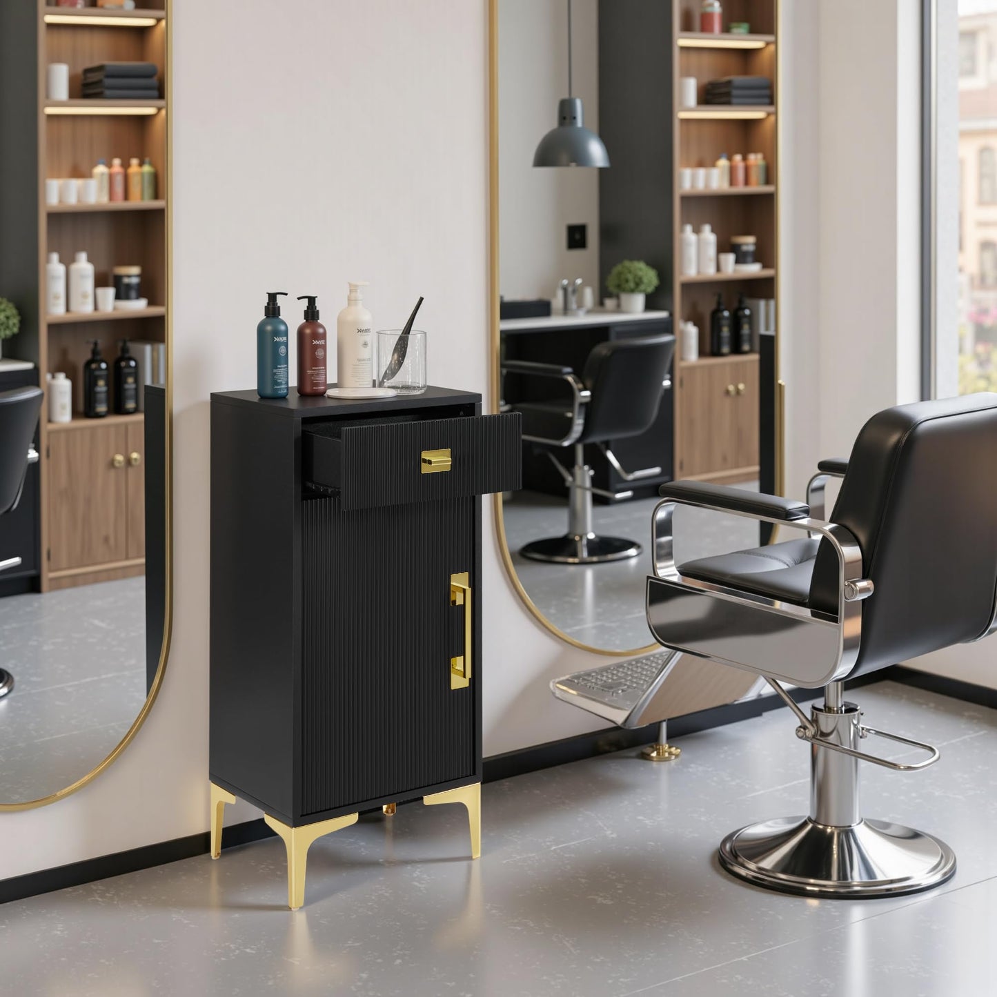 BarberPub Storage Barber Station with Cabinet, Hair Stylist Station for Tools Storage, Black Salon Free-Standing Station Equipment, Drawer 2027