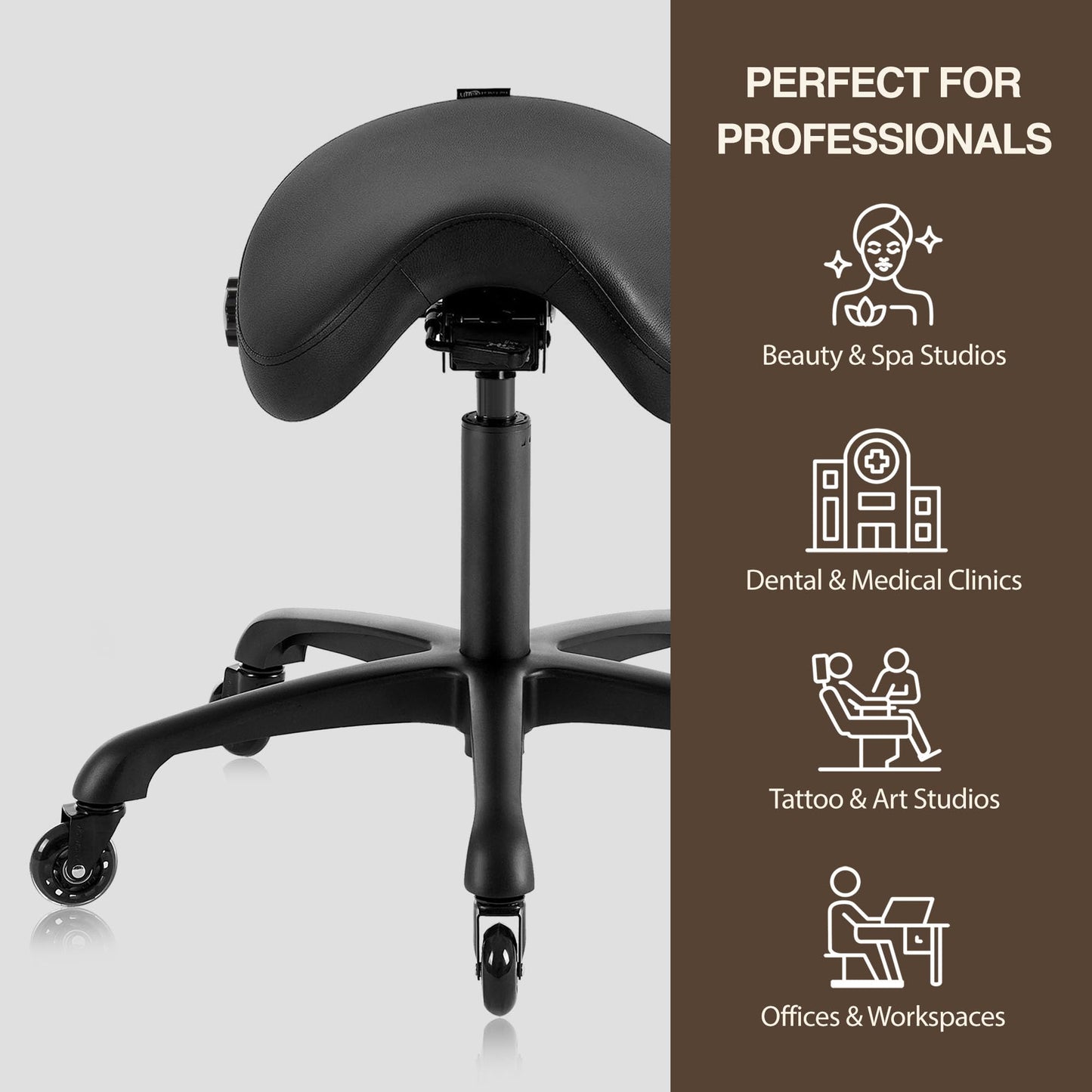 DR.LOMILOMI Premium Multifunctional Ergonomic Saddle Chair 507 INOA for Hygienic Clinic, Spa, Massage, and Dental Hygienist - Rolling Swivel Stool (Black, Standard 507)