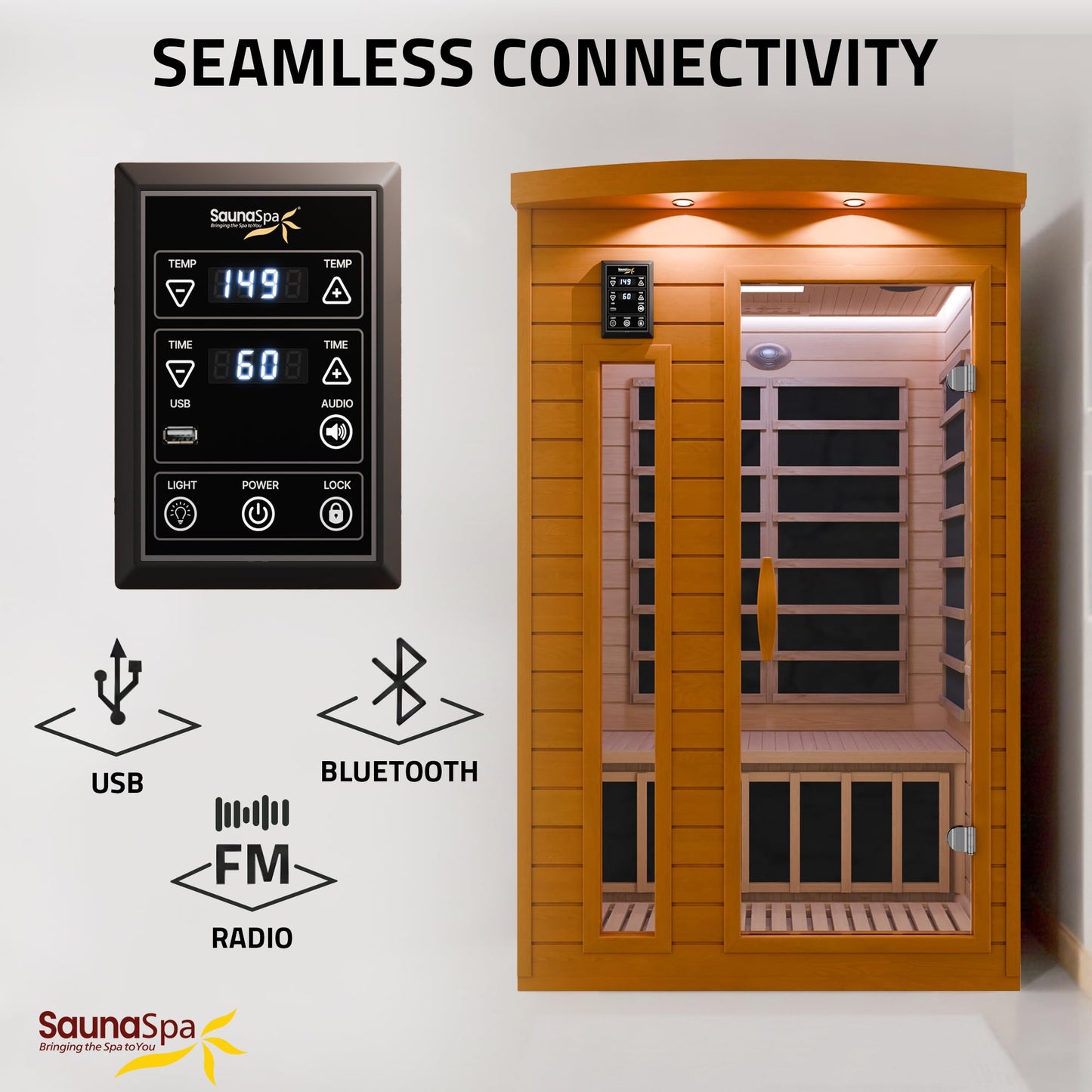 SaunaSpa Indoor 2-Person Infrared Sauna Room | Canadian Hemlock Wood Cabin Sauna with Low EMF Infrared Heating Panels, Bluetooth Audio, Tempered Glass Door, and Backrest with Chromotherapy Lighting