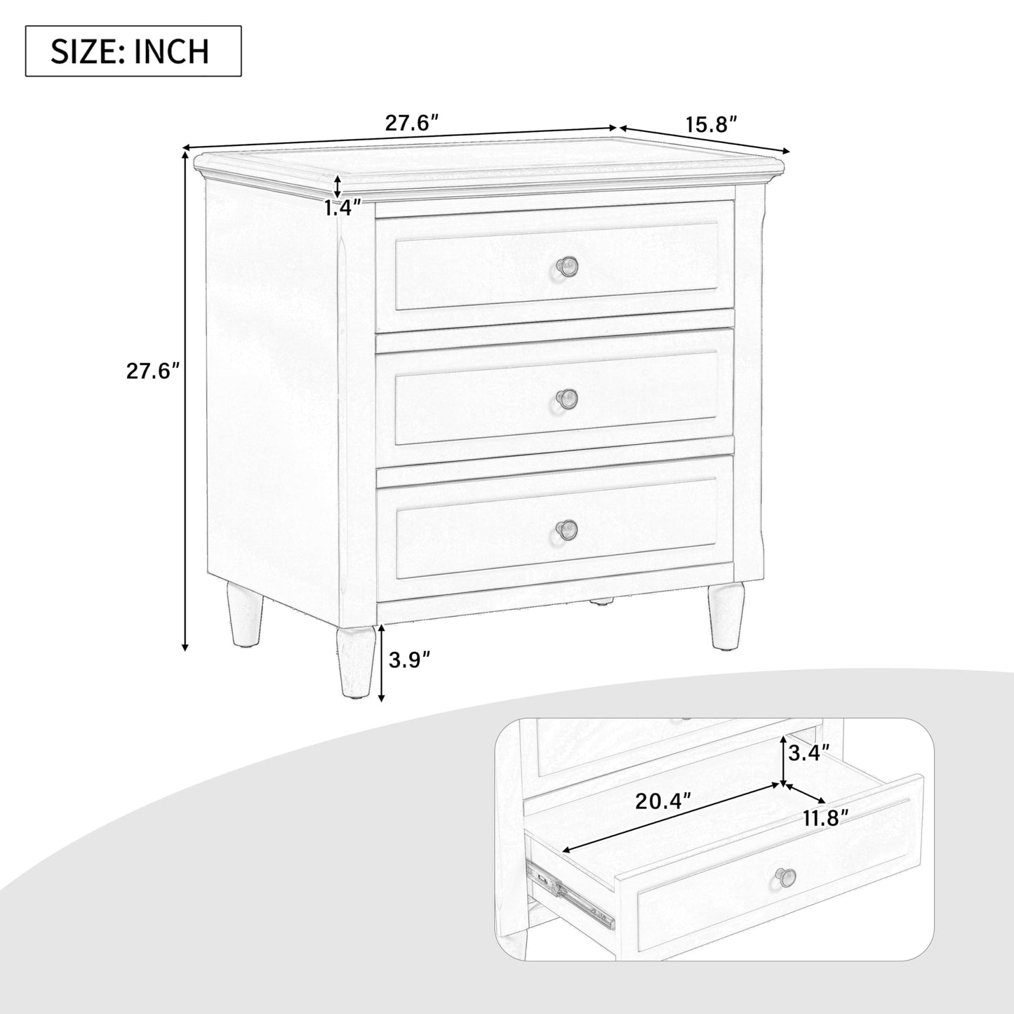 Knocbel Modern Nightstand with 3 Storage Drawers, Solid Wood Bedside Night Stand Sofa Side End Table, Fully Assembled (White)