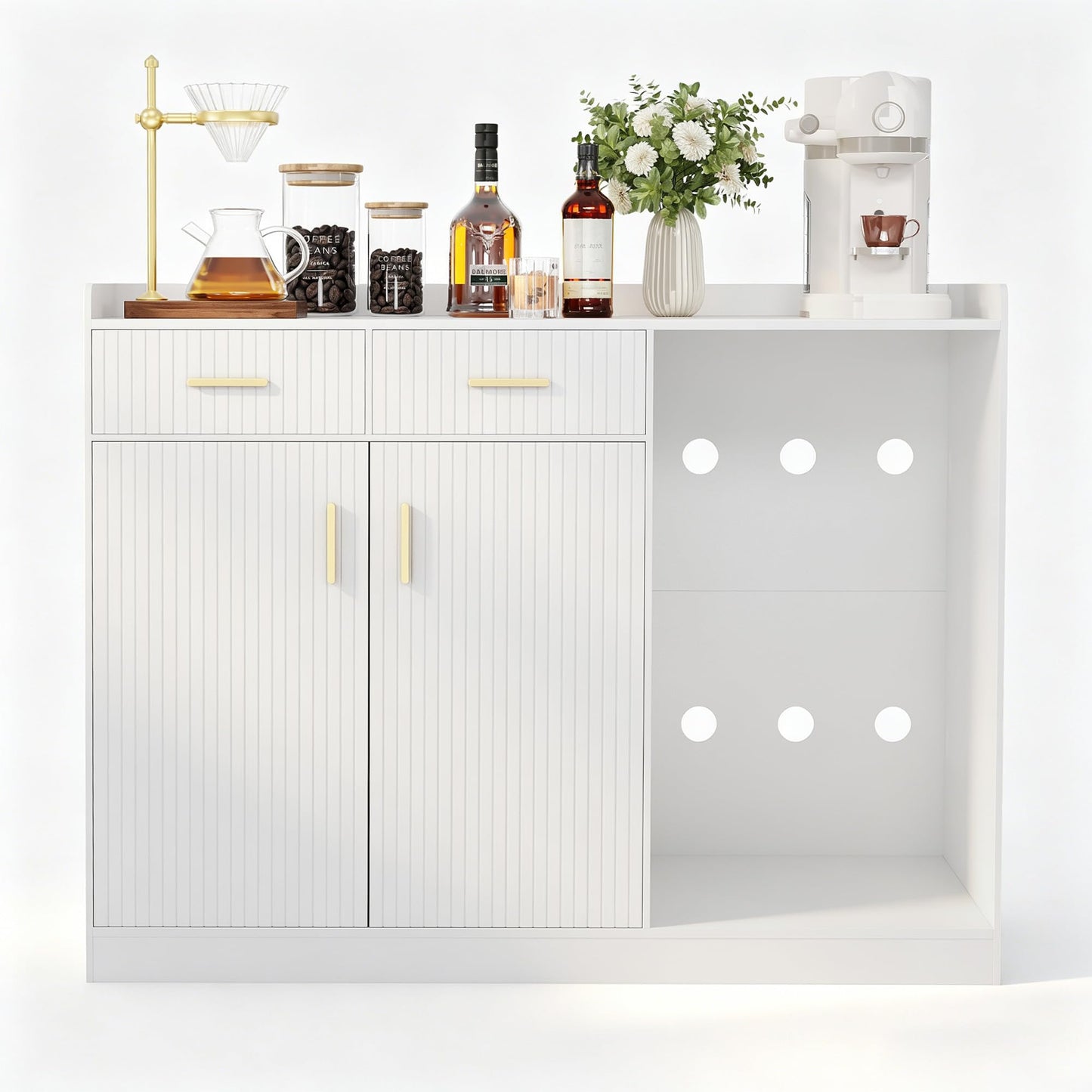 Garvee Coffee Bar Cabinet with Fridge Space, Fluted Wine Cabinet with Charging Station, Mini Fridge Cabinet with Drawers and Adjustable Shelf, Home Bar for Dining Room, Kitchen, Living Room, White