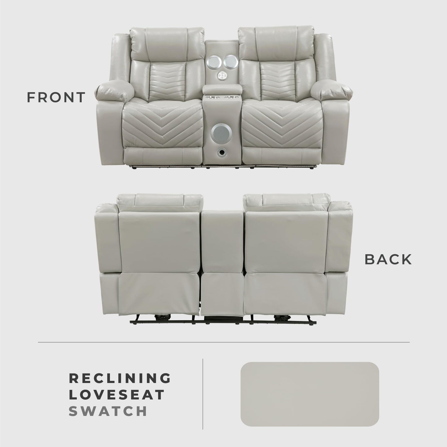 Lexicon Wall Hugger Power Double Reclining Loveseat with Console, Faux Leather Home Theater Seating with LED Lighting, Charging Ports, Bluetooth Speaker Wireless, Cup Holders, Hidden Storage, Gray